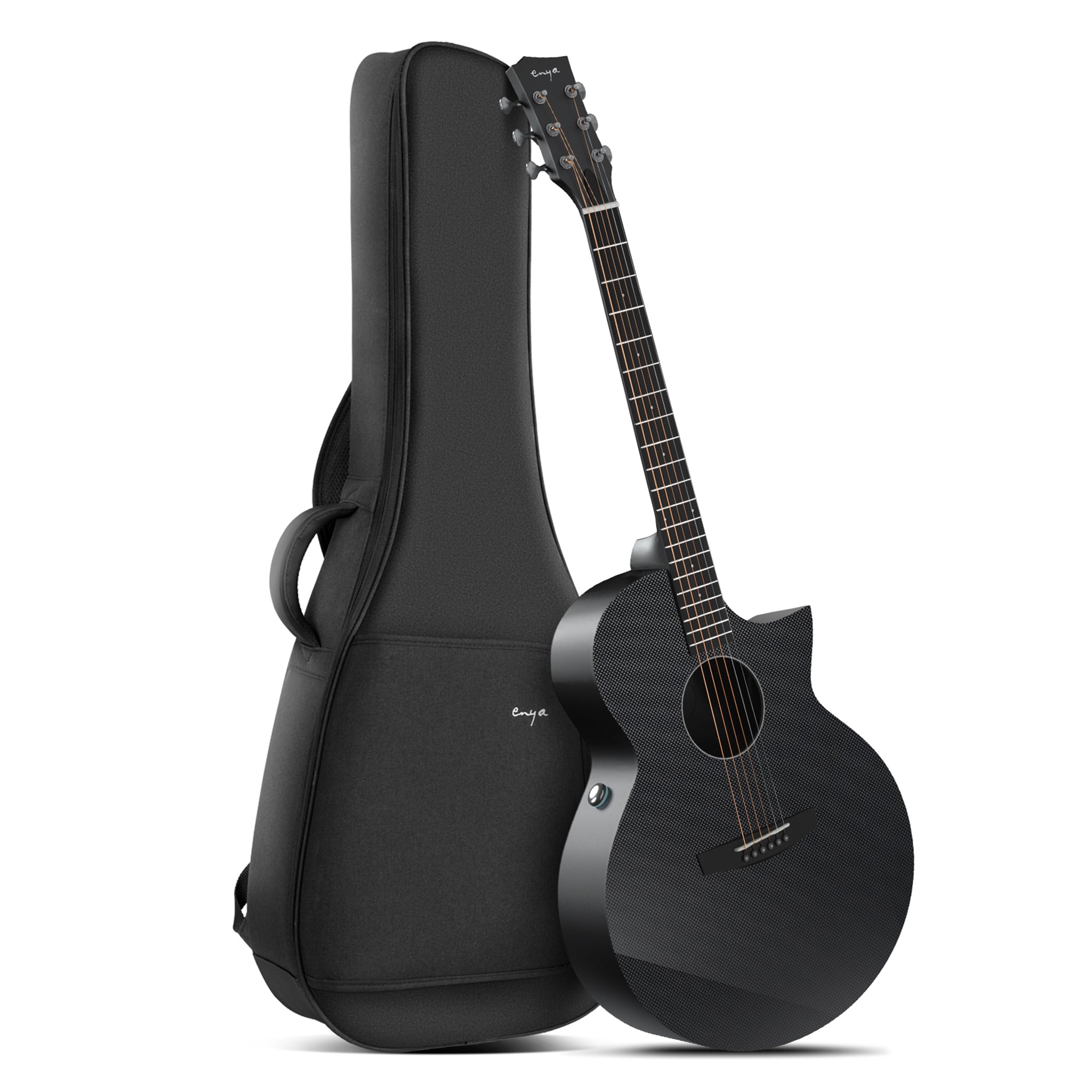 A black electric-acoustic guitar, Enya X3 Pro, with a guitar gig bag.