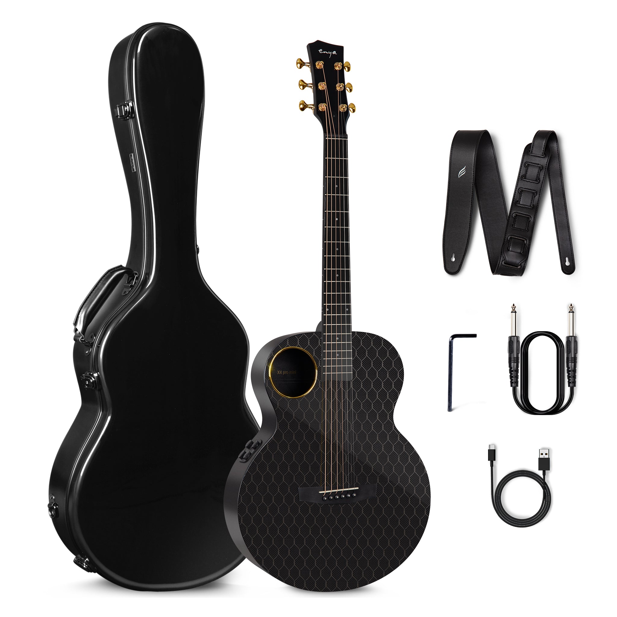 A black acoustic guitar, Enya X4 Pro Mini, displayed alongside a hardshell case, a strap, cables, and truss rod wrench.