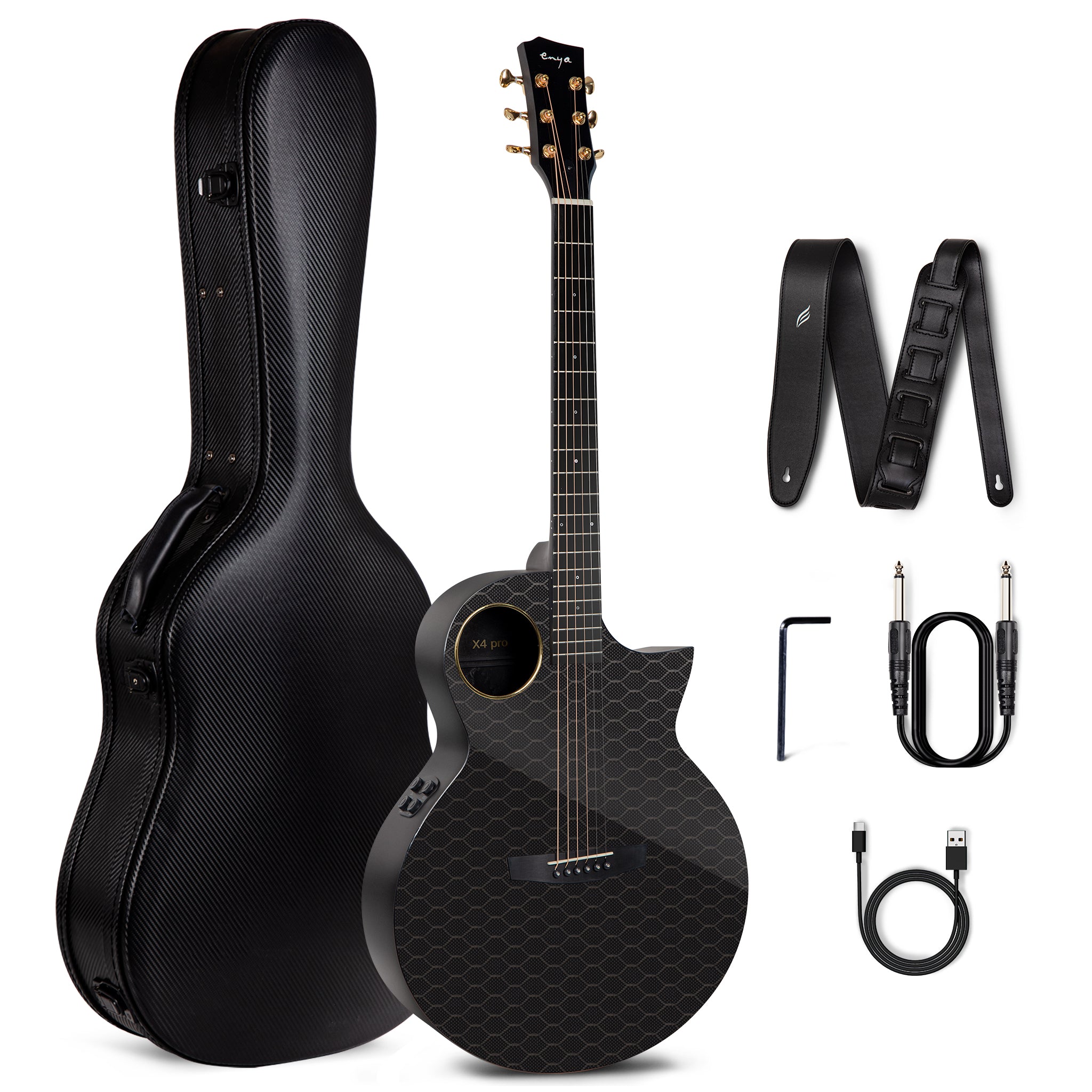 A black acoustic guitar, Enya X4 Pro, displayed alongside a hardshell case, a strap, cables, and truss rod wrench.