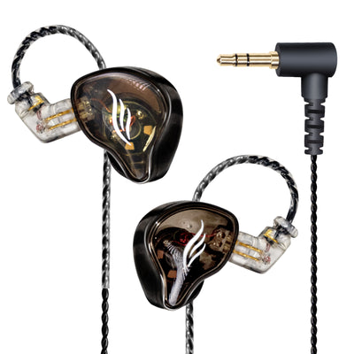 A pair of black wired monitor earphones with a transparent section showcasing the internal components and a 3.5 mm audio jack.