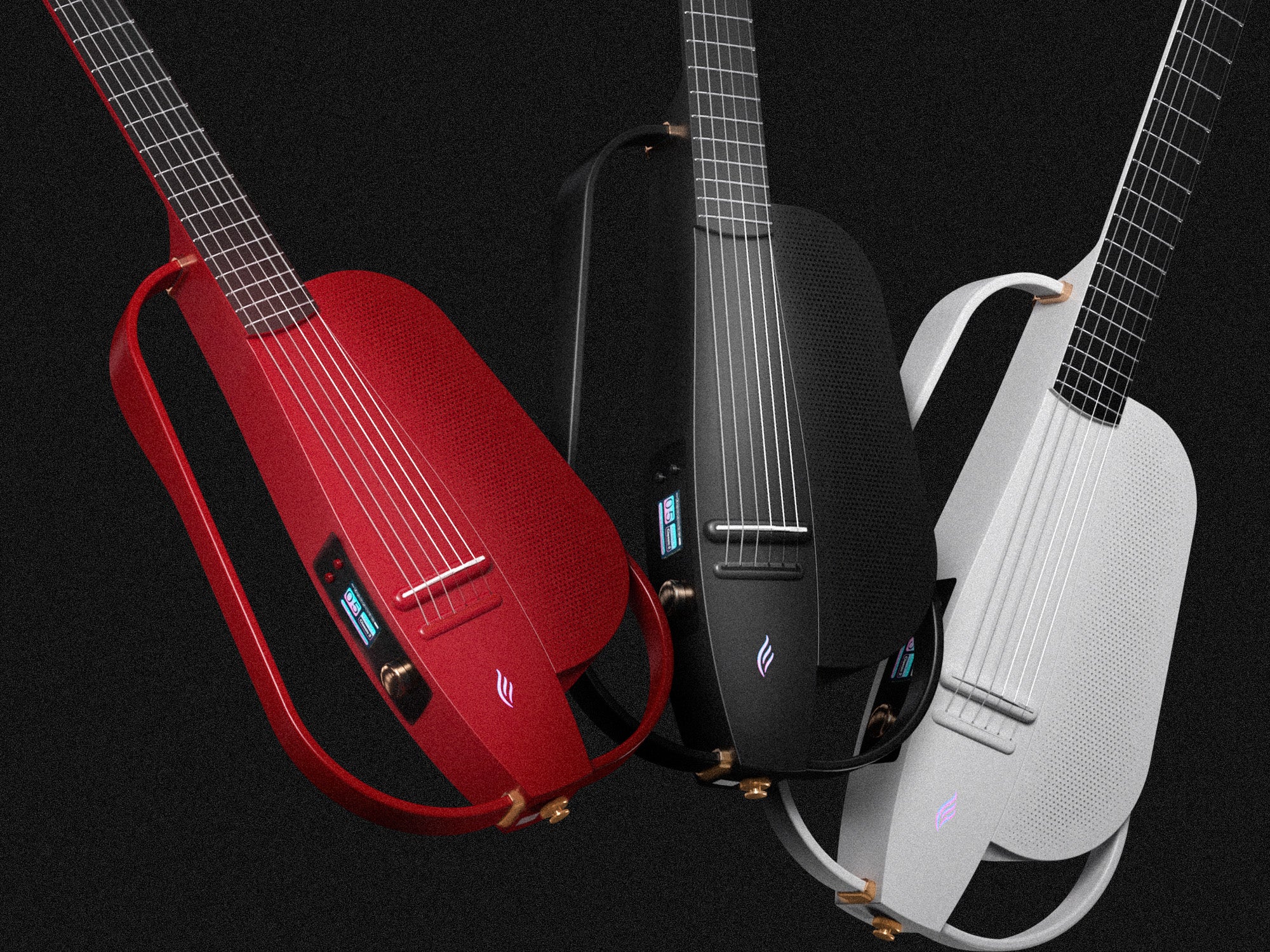 3 NEXG 2N guitars, left to right, red, black, white.