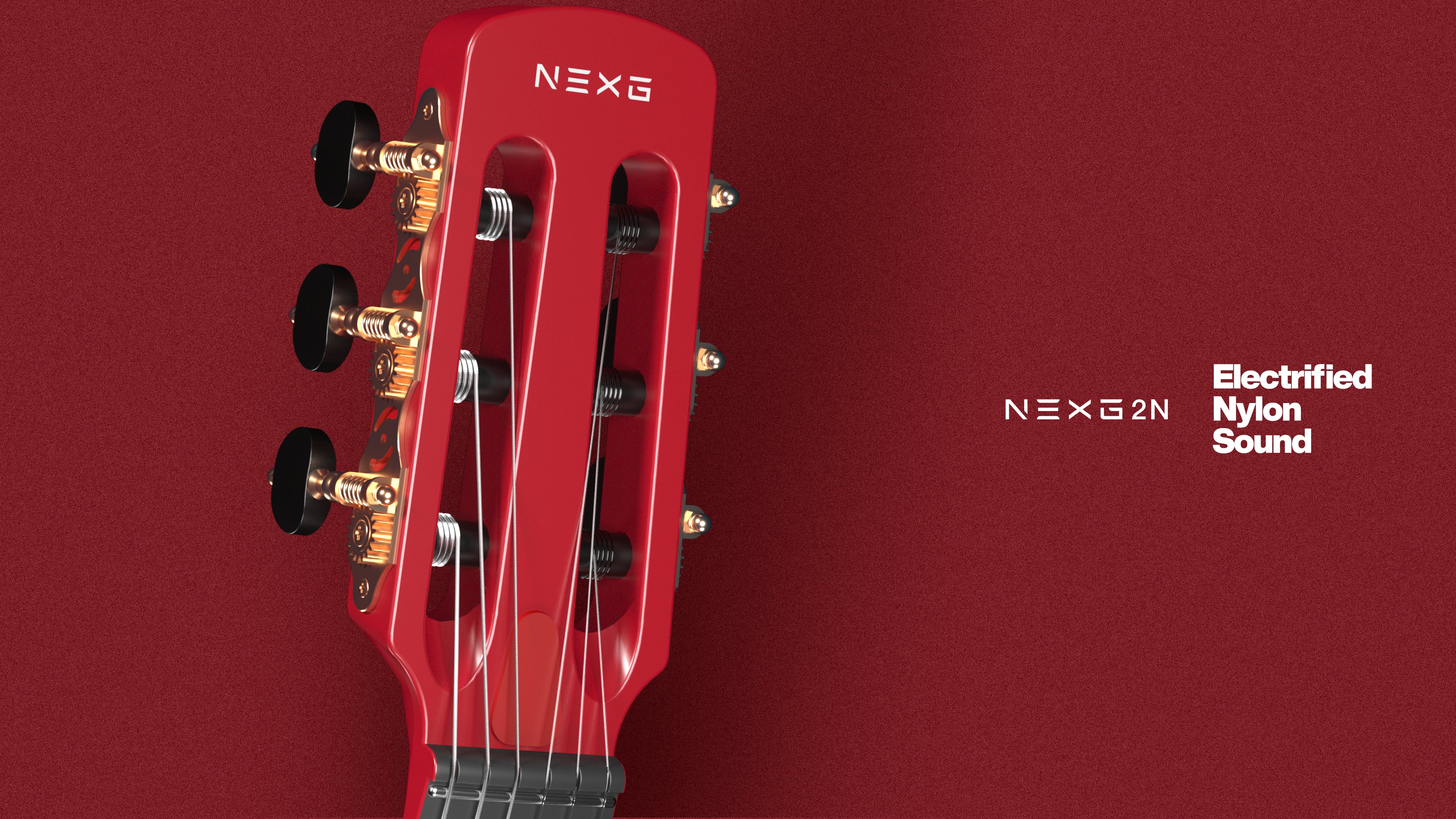 A red classical guitar head has "NEXG" logo.