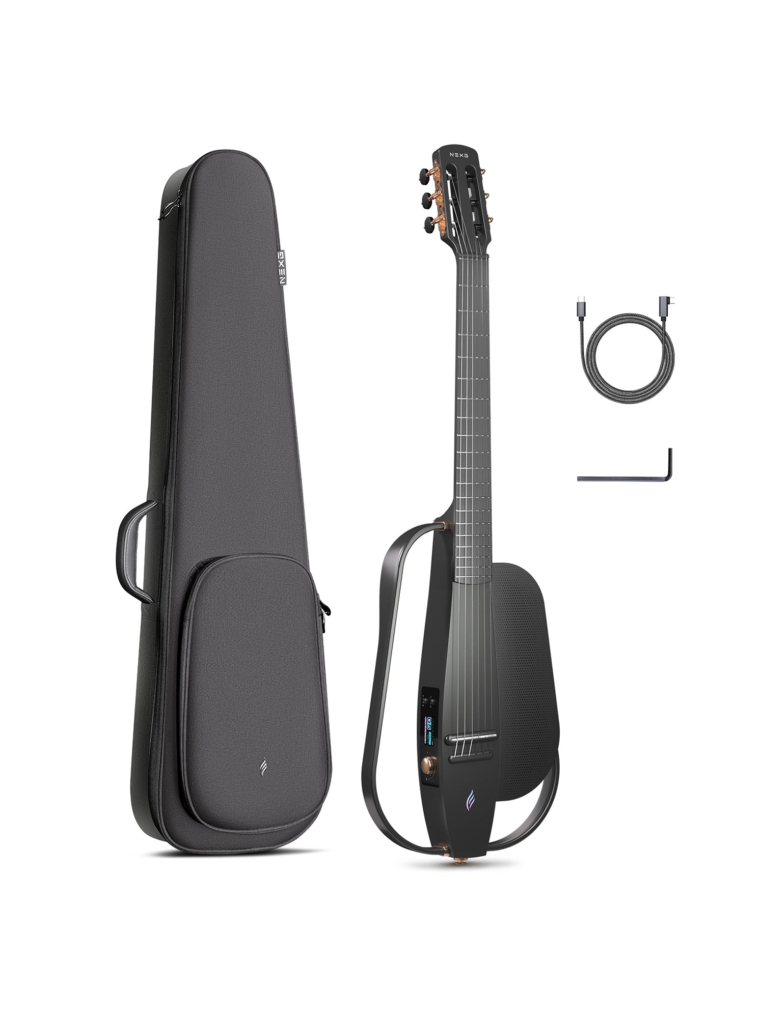 A black carbon fiber nylon string guitar with onboard speaker and a good quality black soft gig bag, hex key.