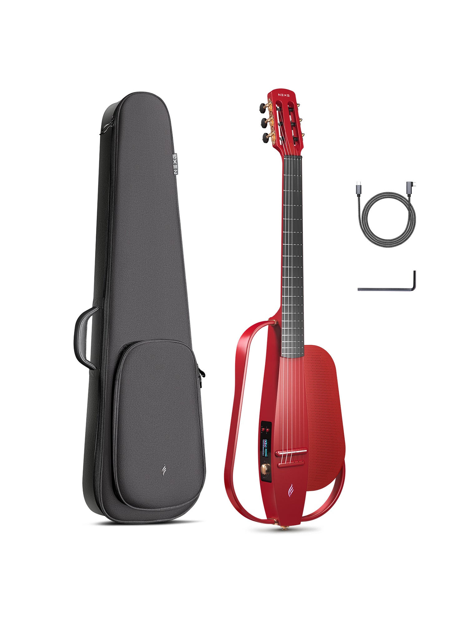 A red carbon fiber nylon string guitar with onboard speaker and a good quality black soft gig bag, hex key.