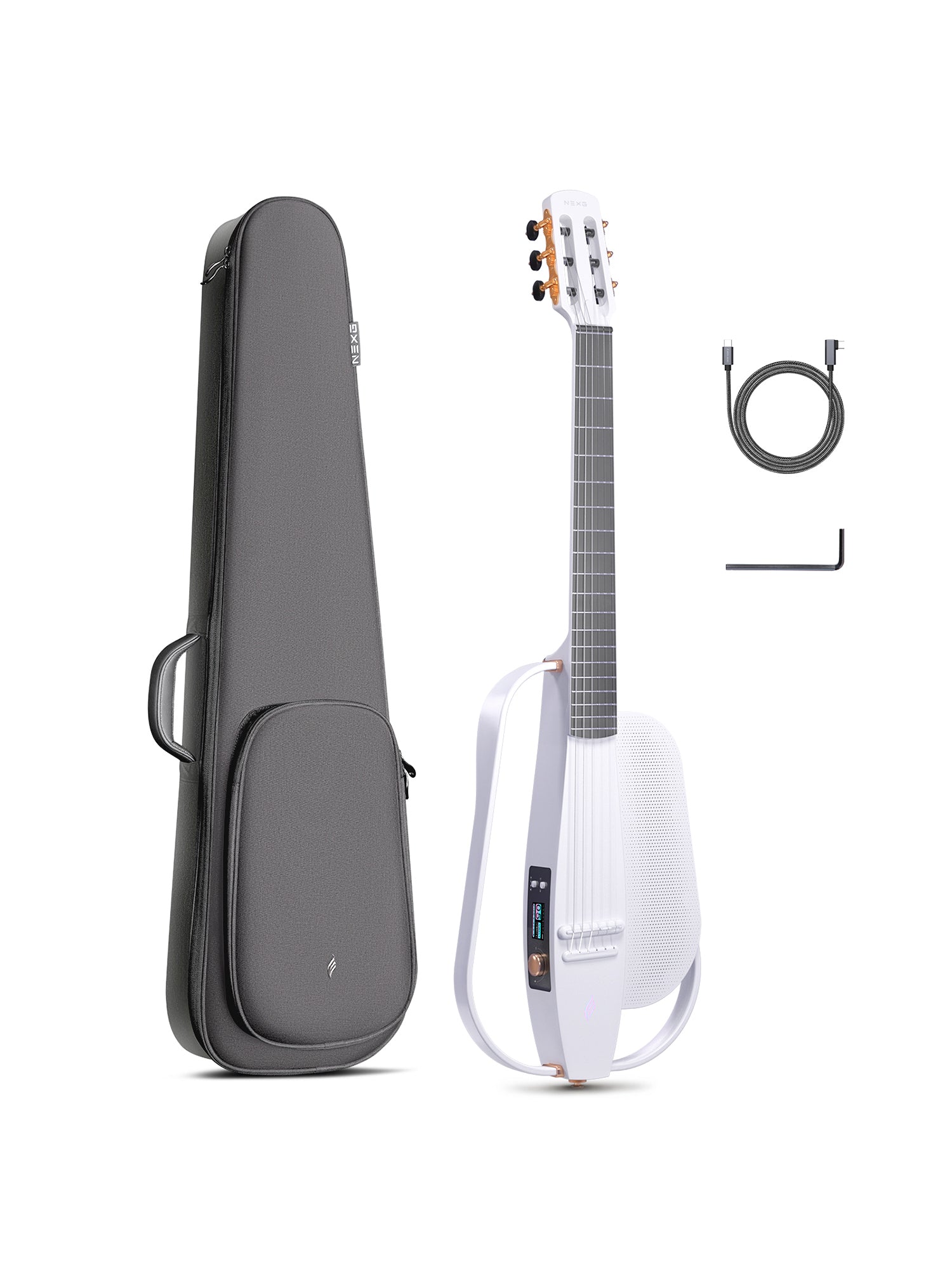 A white carbon fiber nylon string guitar with onboard speaker and a good quality black soft gig bag, hex key.