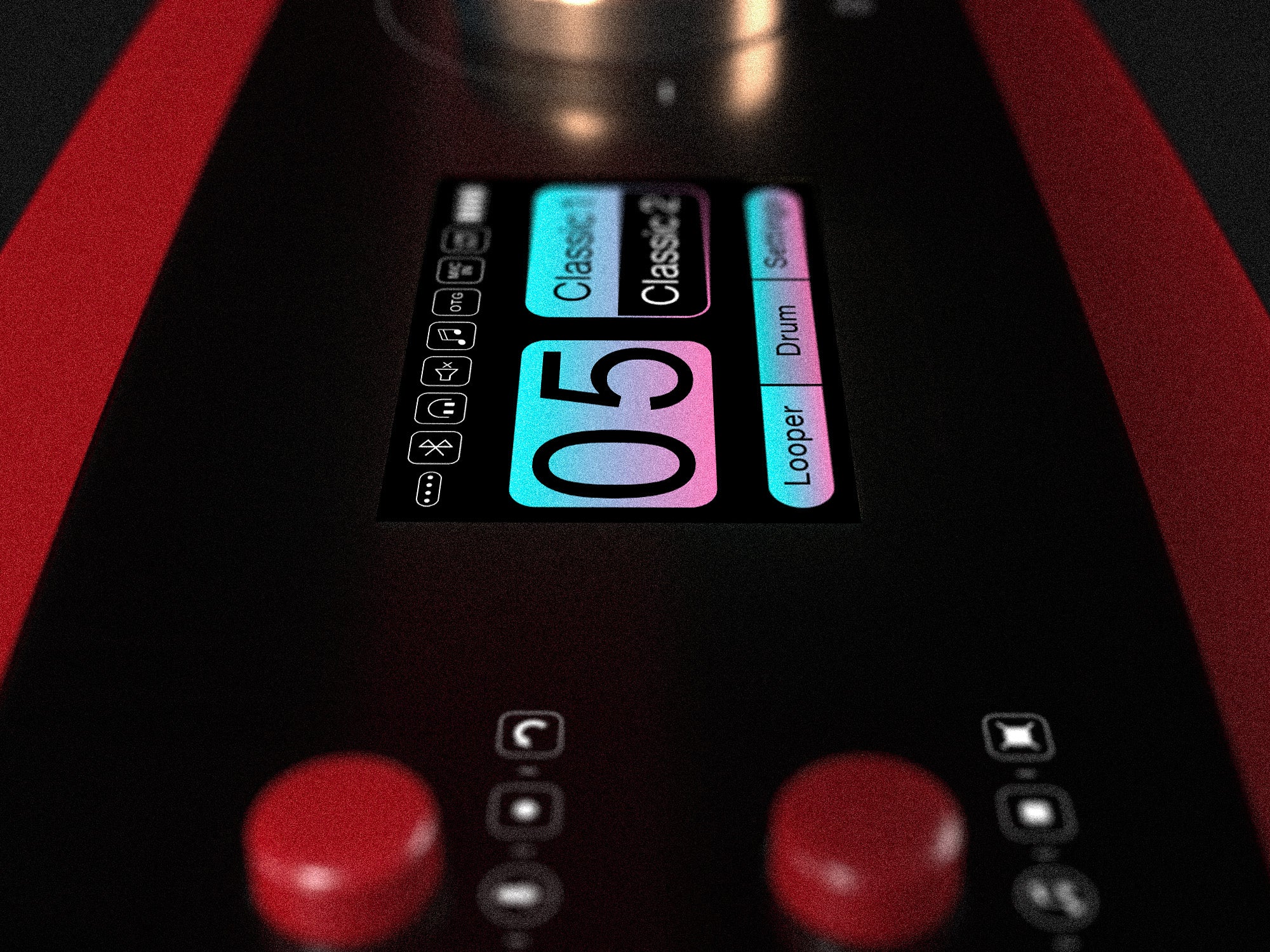 A nice touch screen on the side of a red carbon fiber guitar is showing the effect value.