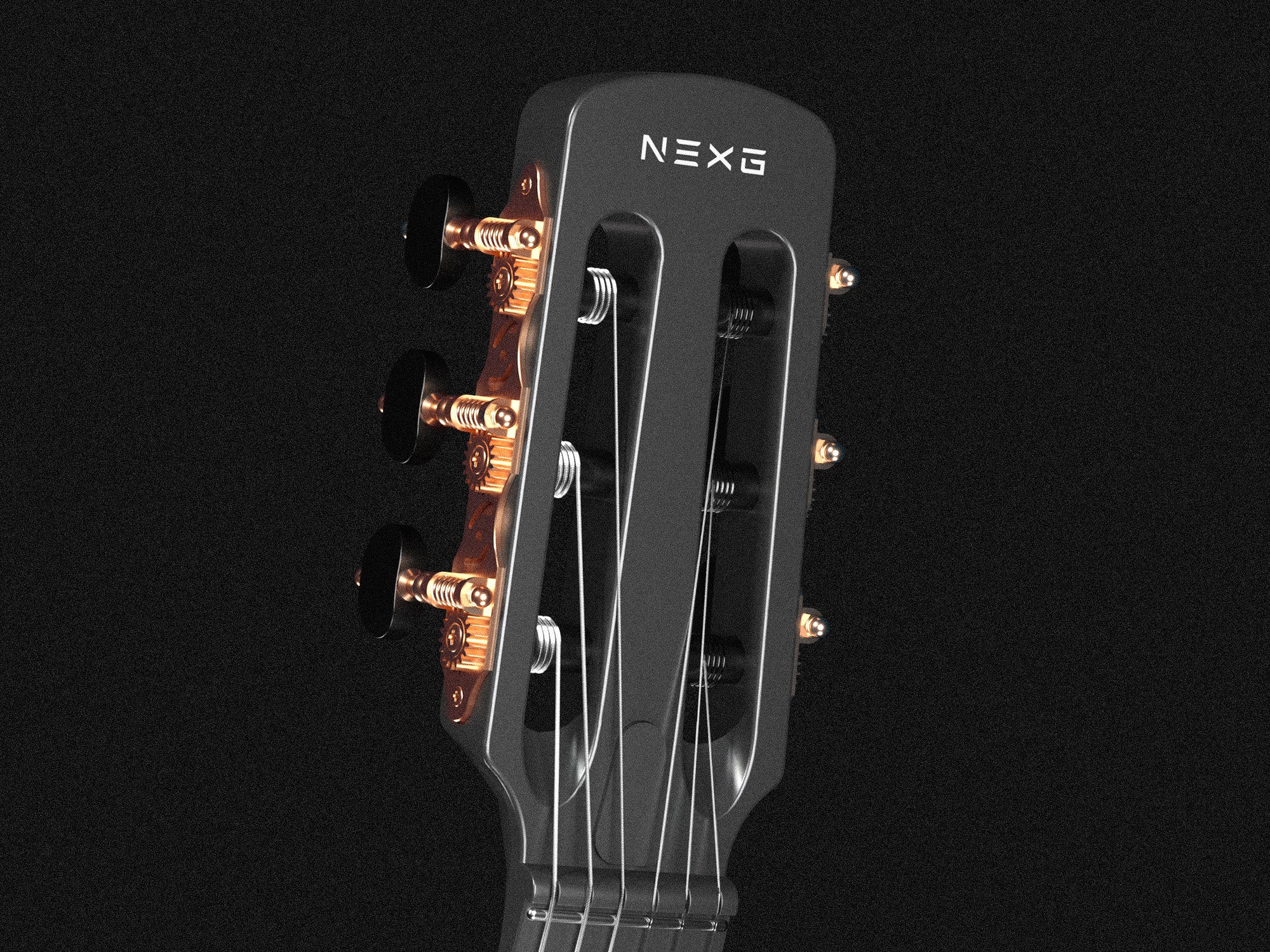 A black carbon fiber classical guitar head has "NEXG" logo, with 6 nylon strings.