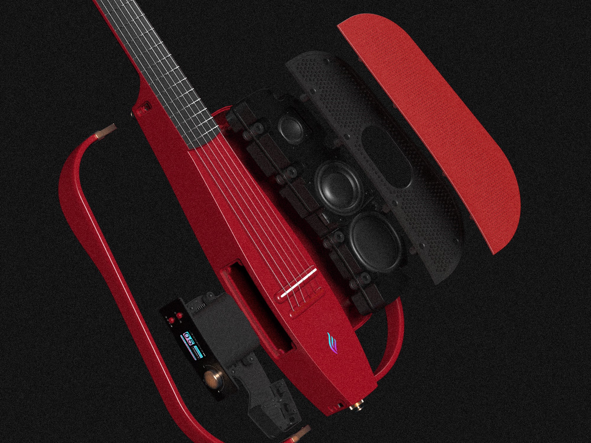 All parts of NEXG 2N disassembled in the air, guitar body, onboard speaker and neck, electronics etc.