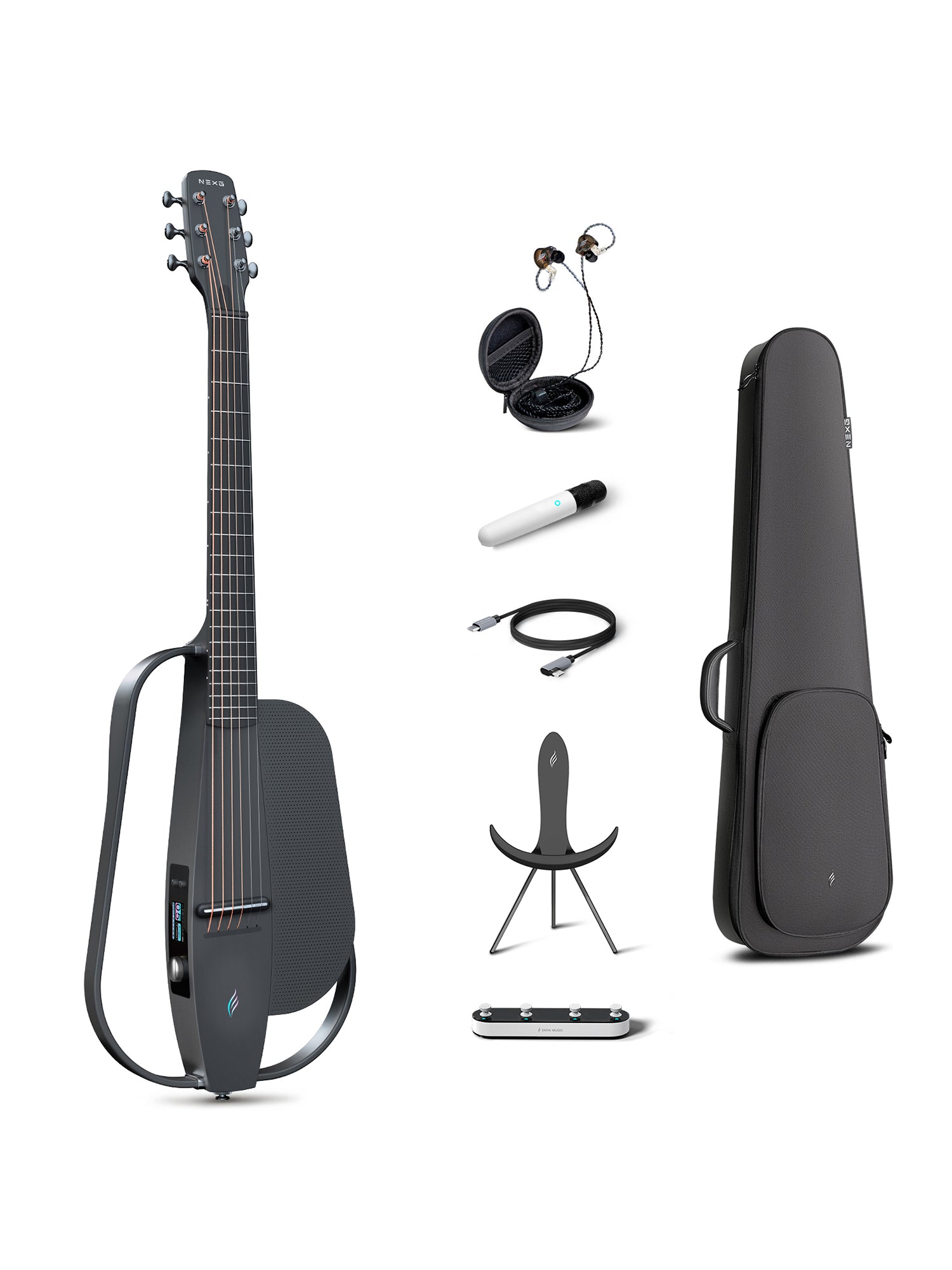 A black carbon fiber guitar with onboard speaker and a good quality black gig bag; charger, cord, nice gig bag, microphone.