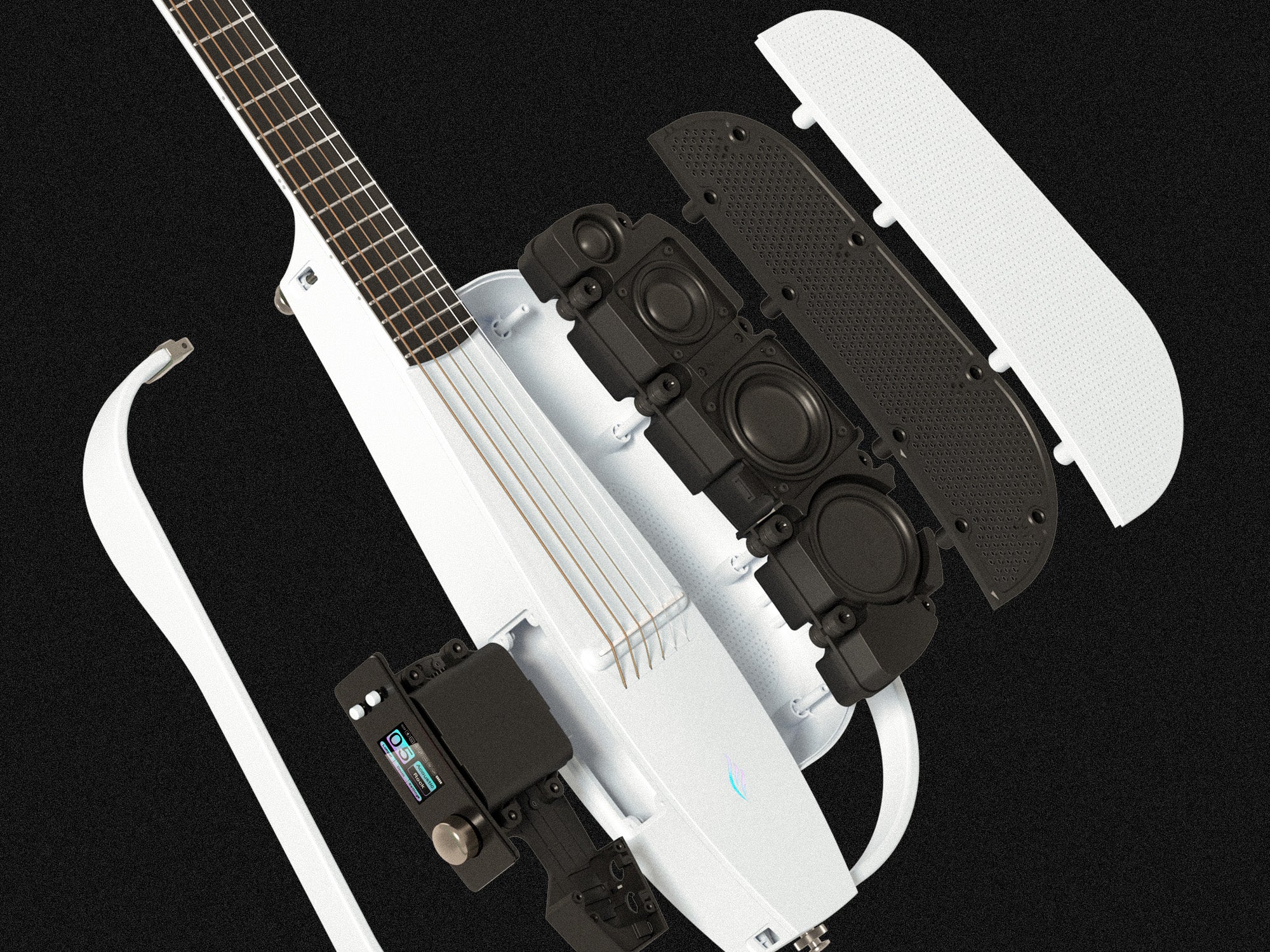 All parts of NEXG 2 disassembled in the air, guitar body, onboard speaker and neck, electronics etc.