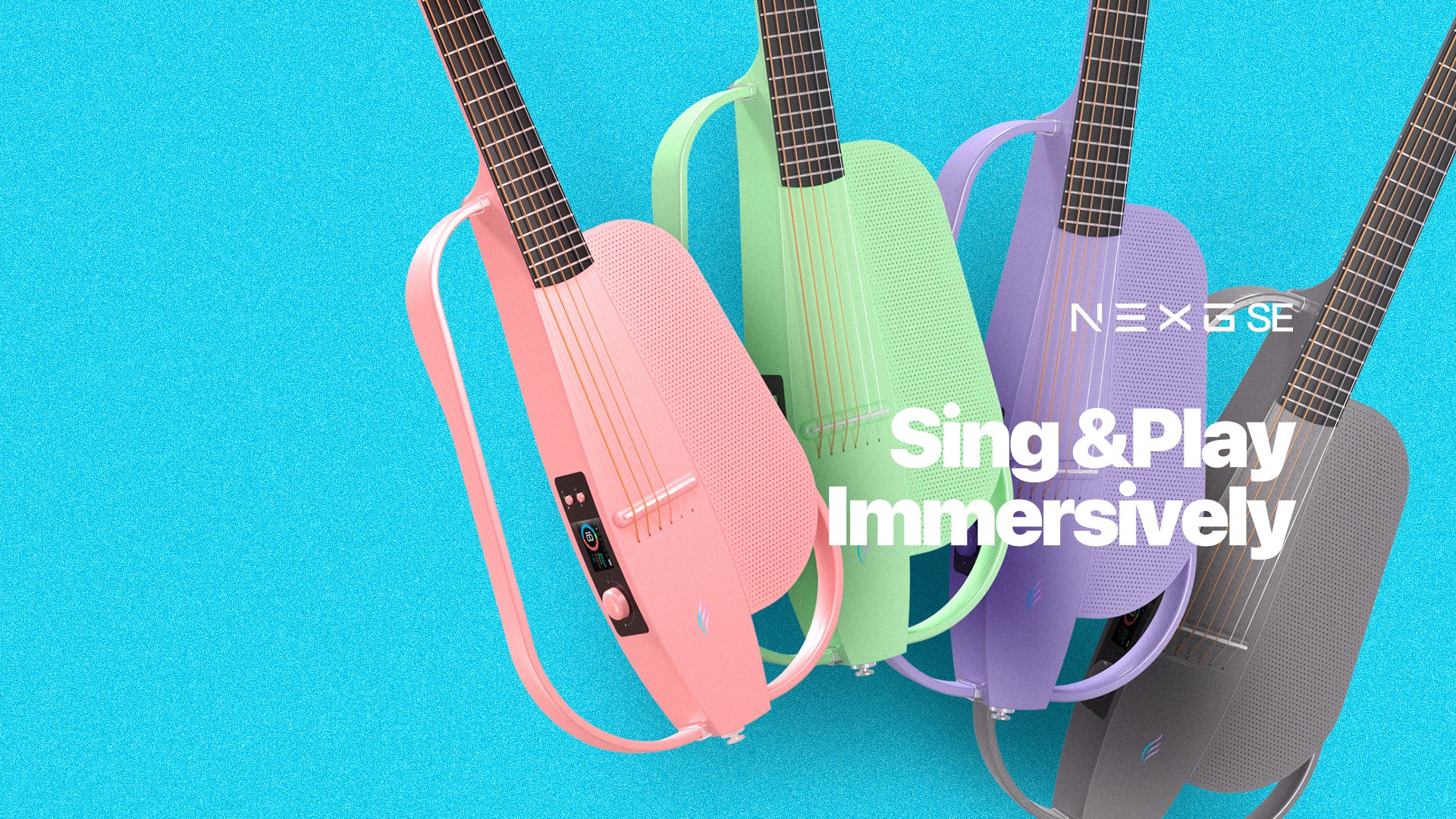 4 Enya NEXG SE(Carbon Firber Smart Audio Guitar), left to right: pink, green, purple, black.