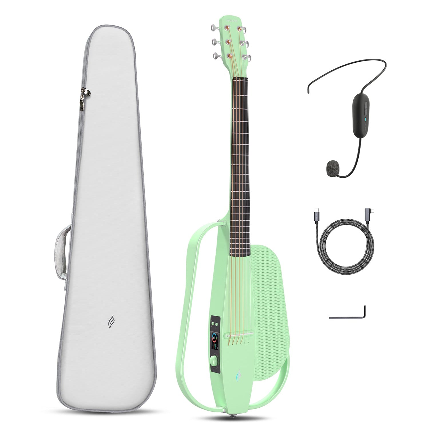 A green carbon fiber guitar with onboard speaker and a good black gig bag; data cable, wireless headset microphone, hex keys.