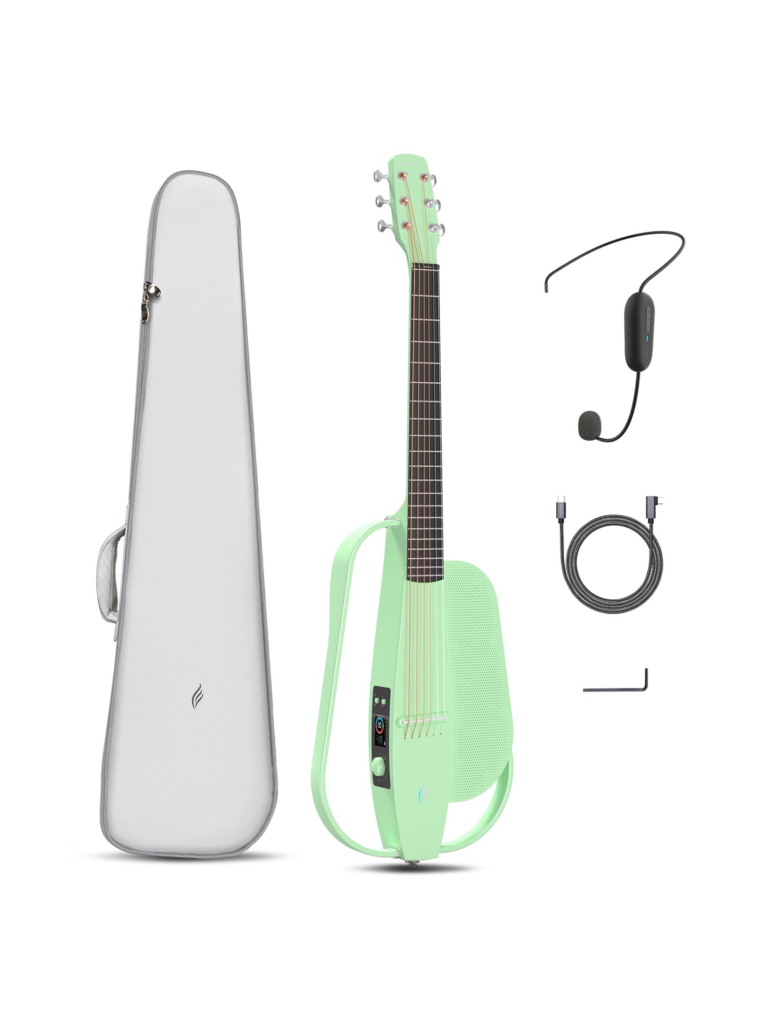 A green carbon fiber guitar with onboard speaker and a good black gig bag; data cable, wireless headset microphone, hex keys.