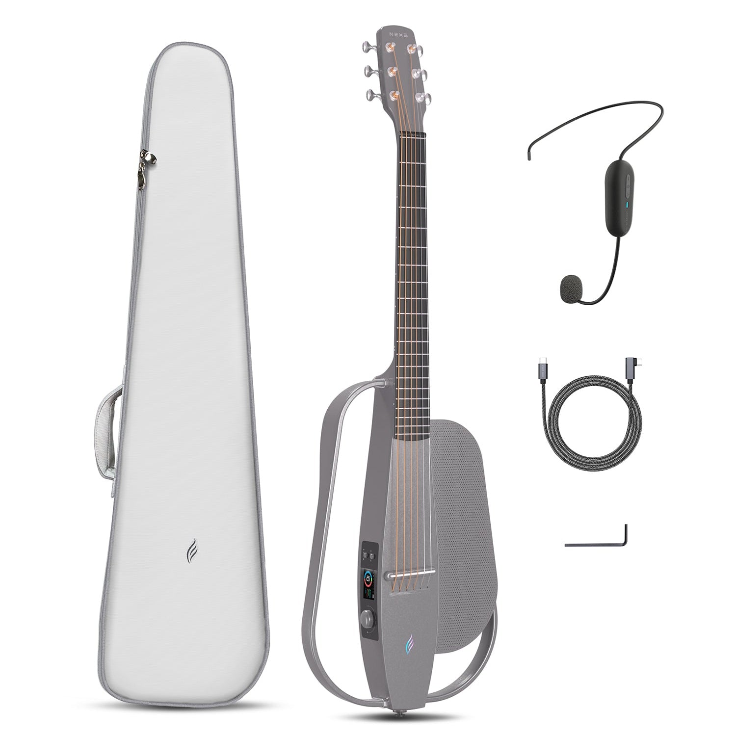 A grey carbon fiber guitar with onboard speaker and a good black gig bag; data cable, wireless headset microphone, hex keys.