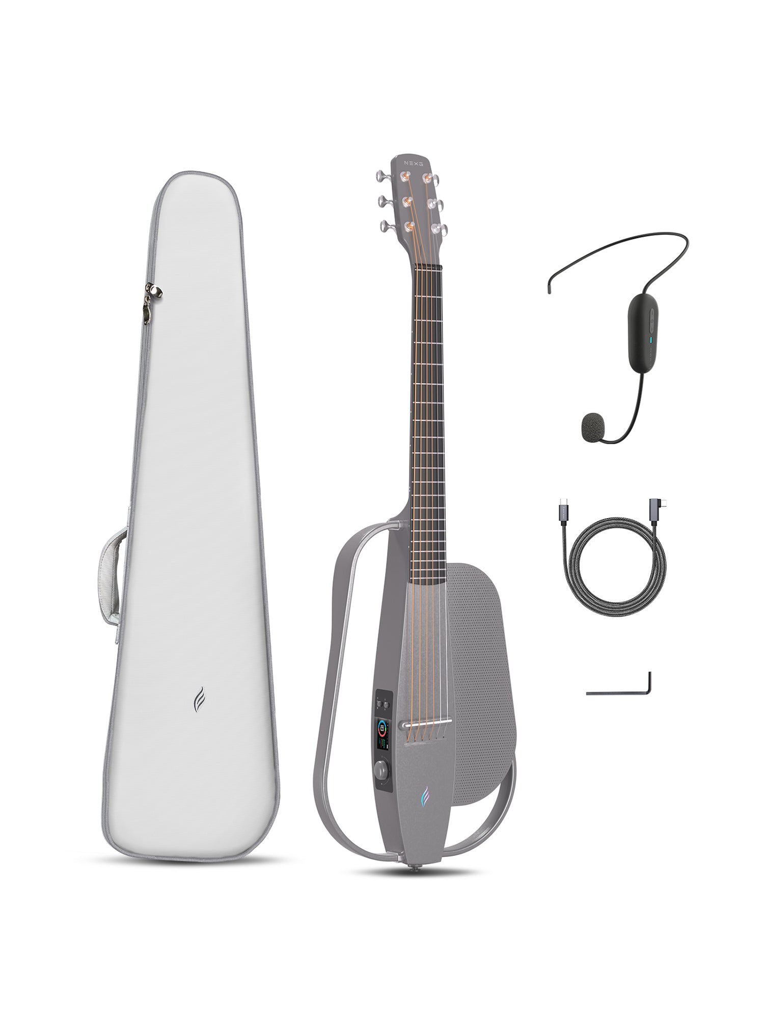 A grey carbon fiber guitar with onboard speaker and a good black gig bag; data cable, wireless headset microphone, hex keys.