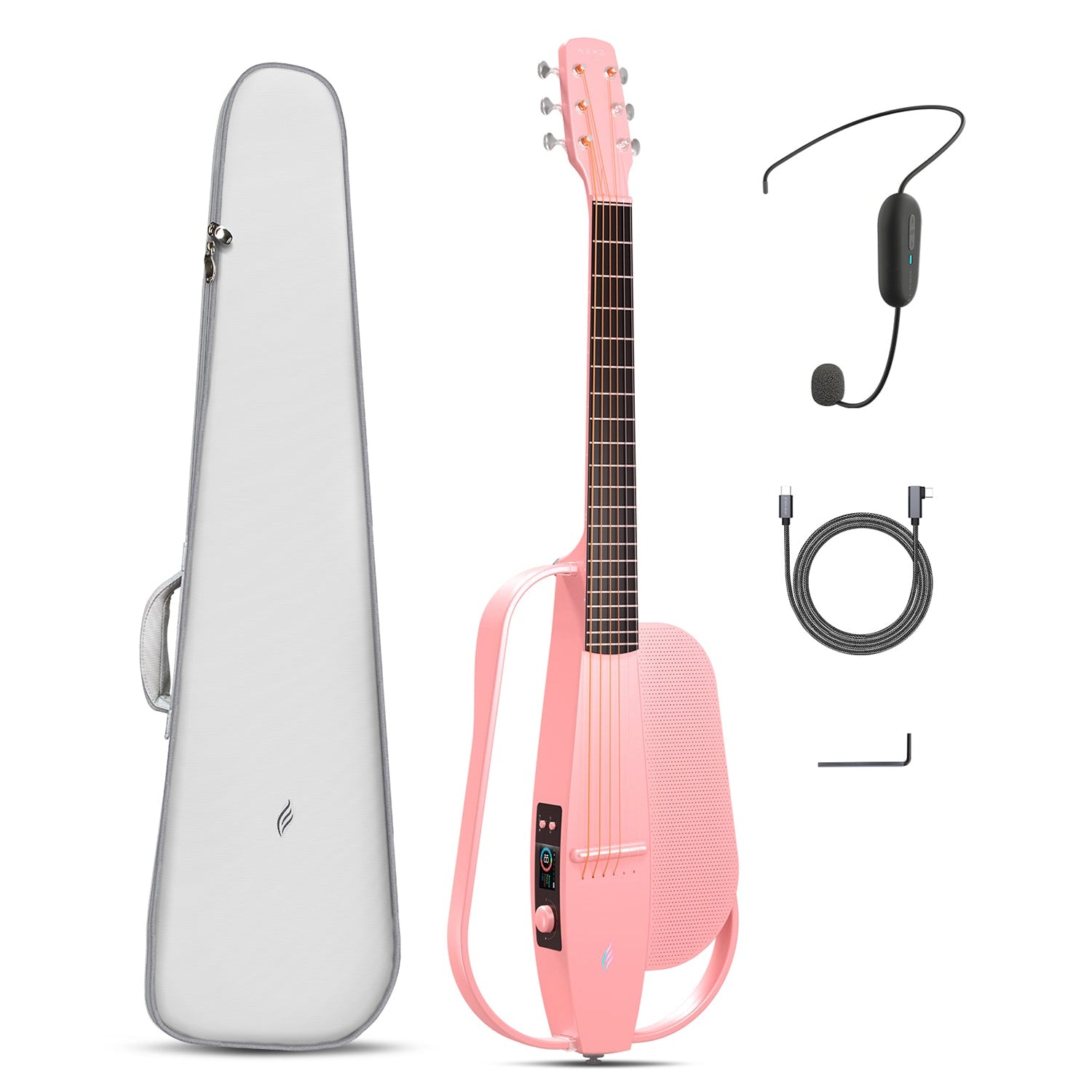 A pink carbon fiber guitar with onboard speaker and a good black gig bag; data cable, wireless headset microphone, hex keys.