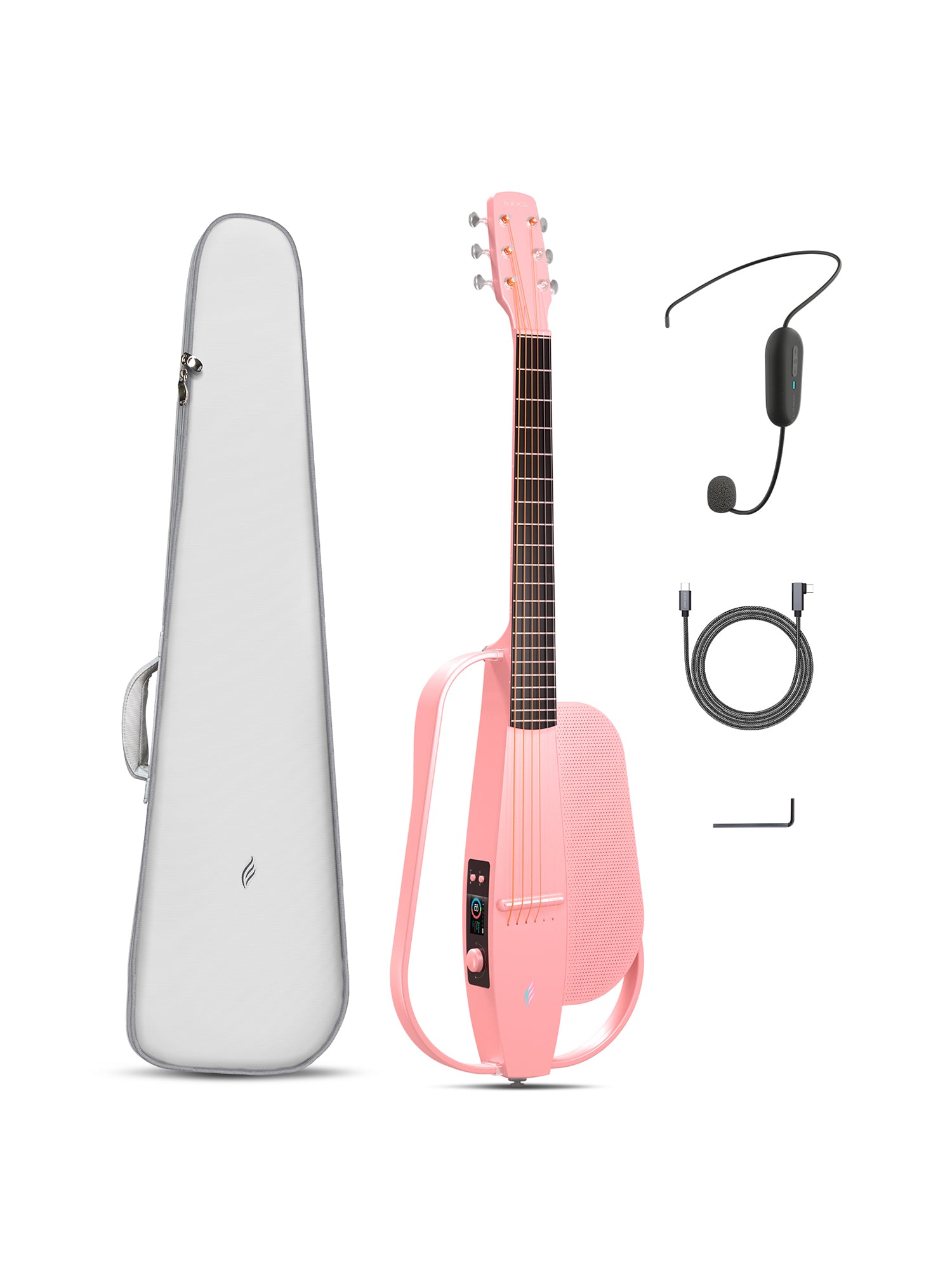 A pink carbon fiber guitar with onboard speaker and a good black gig bag; data cable, wireless headset microphone, hex keys.