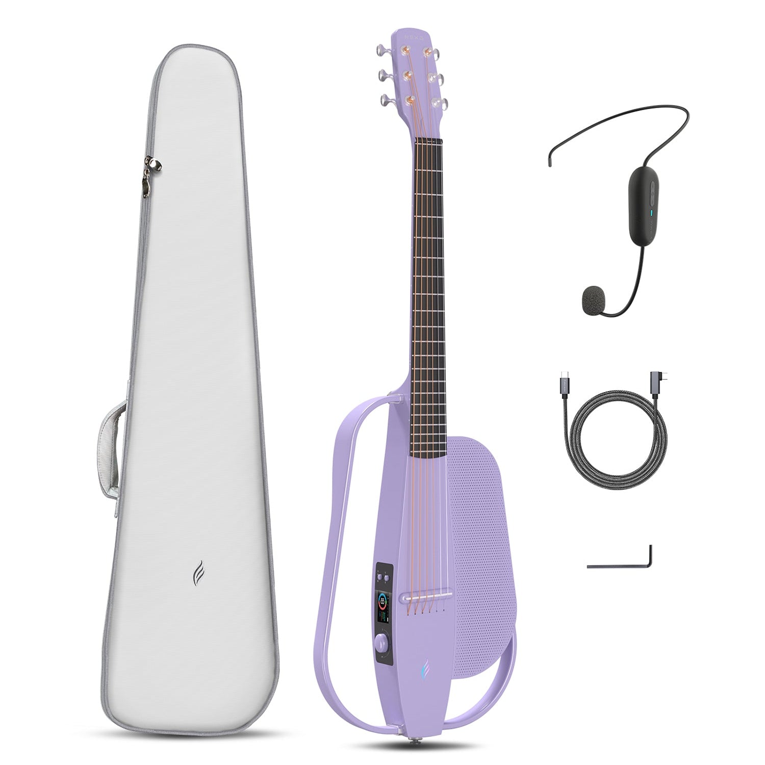 A purple carbon fiber guitar with onboard speaker and a good black bag; data cable, wireless headset microphone, hex keys.