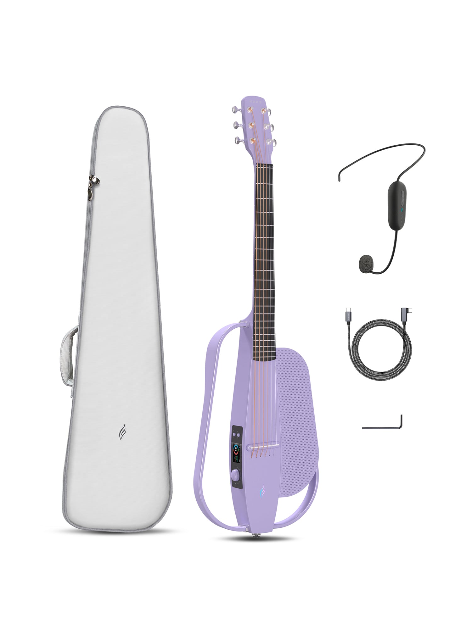 A purple carbon fiber guitar with onboard speaker and a good black bag; data cable, wireless headset microphone, hex keys.