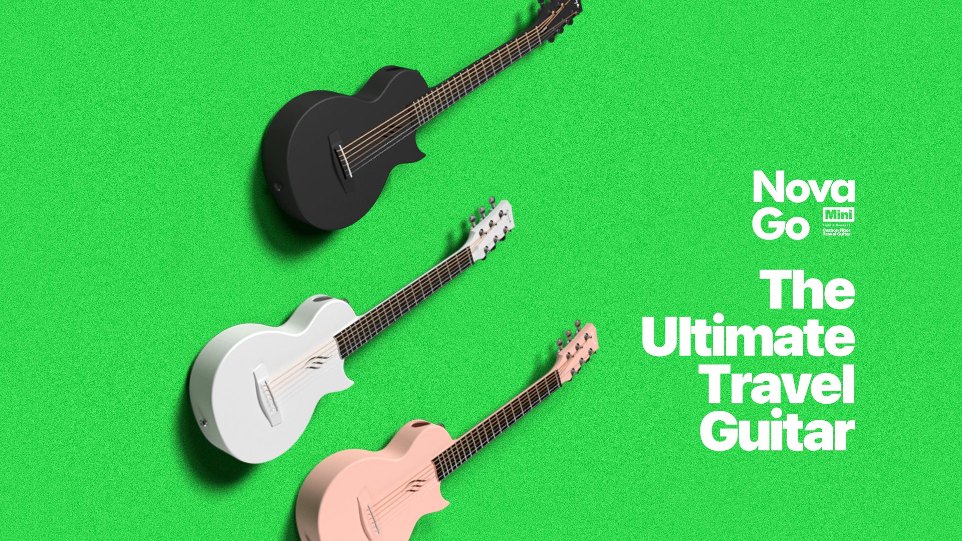 This picture shows 3 Nova Go Mini guitars in 3 different colors. From upper to lower, black, white, pink.