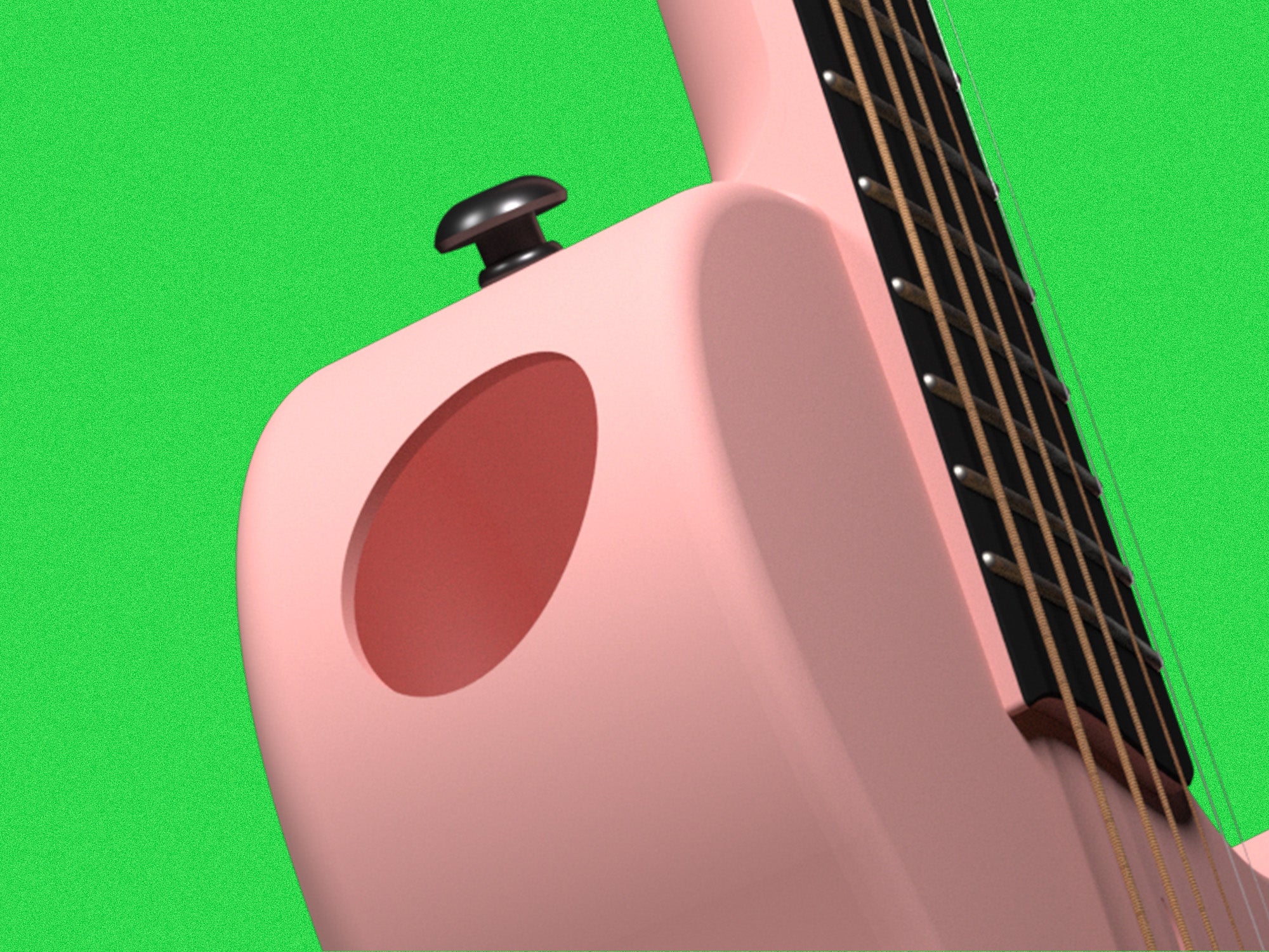 A pink Nova Go. This picture shows the unique soundhole design of Nova Go. The soundhole is on the upper left side of this guitar.