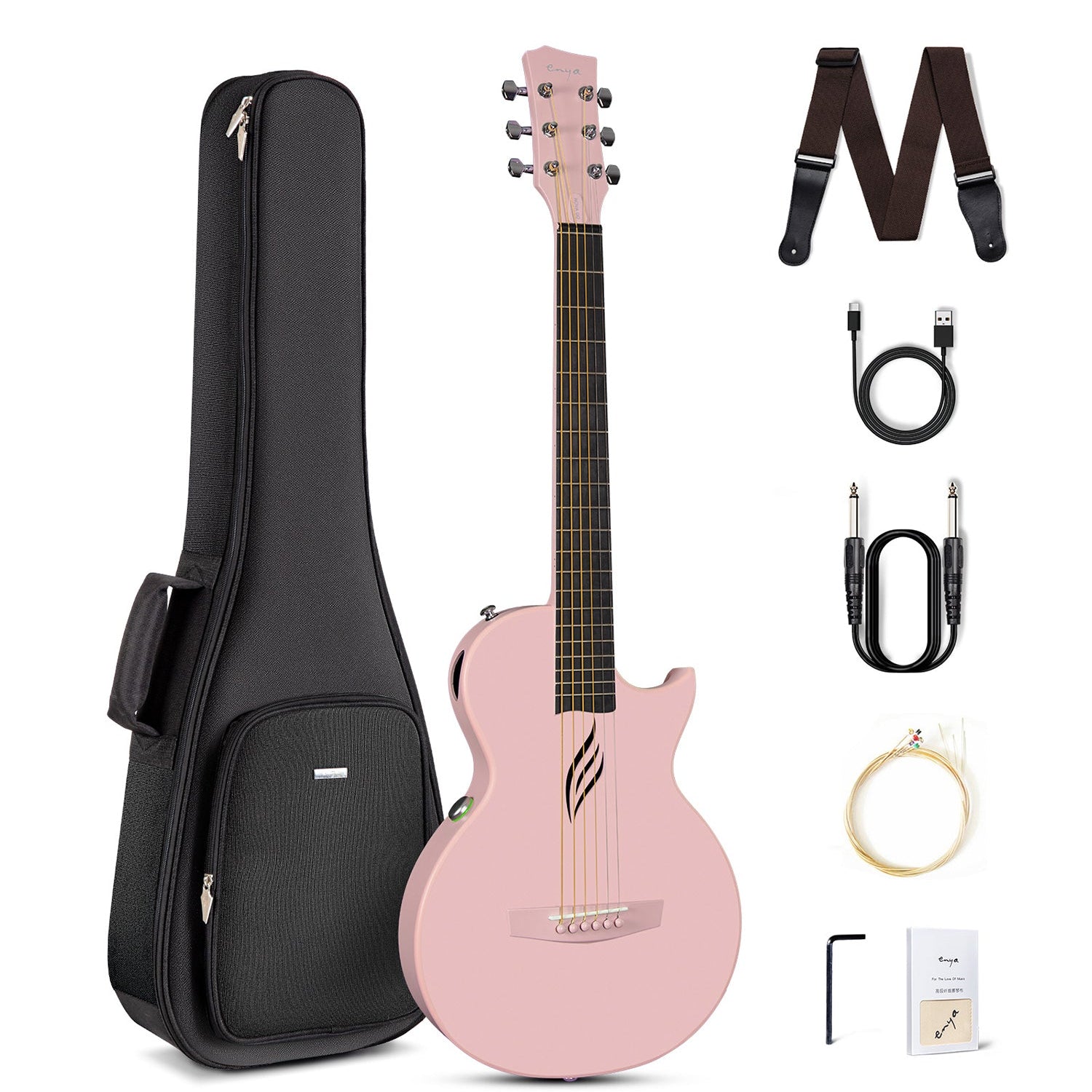 A carbon fiber travel guitar, Nova Go SP1, in pink color, displayed alongside its accessories which include a gig bag, strap, cable, and user manual.