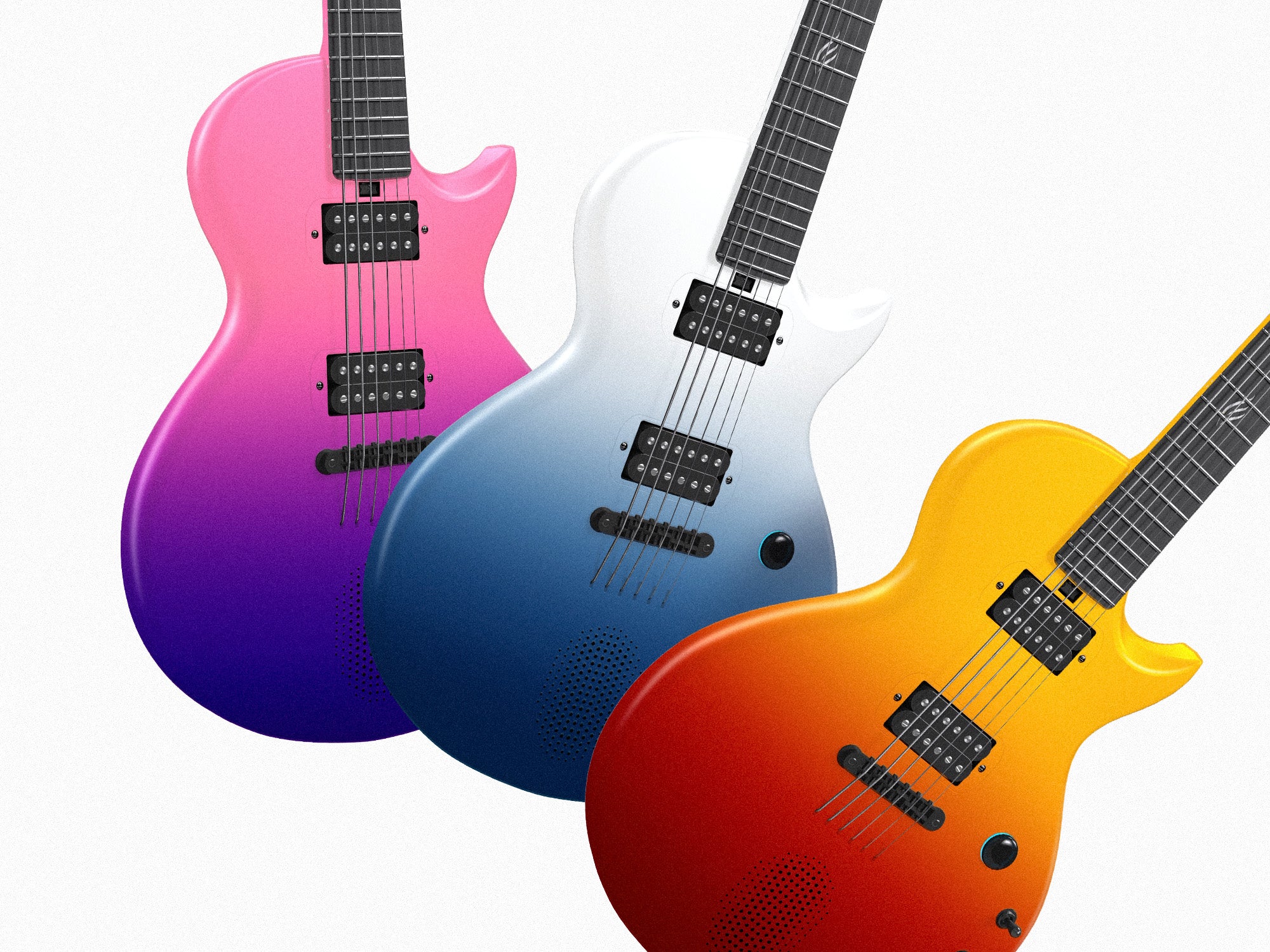 3 Enya Nova Go Sonic(carbon fiber electric guitar), left to right: Volcano Red; Cosmic Purple; Ocean Blue