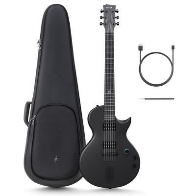 Black Enya Nova Go Sonic electric guitar with a single-cut style body, alongside a black guitar gig bag, a USB cable, and a truss rod wrench.