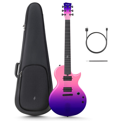 Purple Enya Nova Go Sonic electric guitar with a single-cut style body, alongside a black guitar gig bag, a USB cable, and a truss rod wrench.