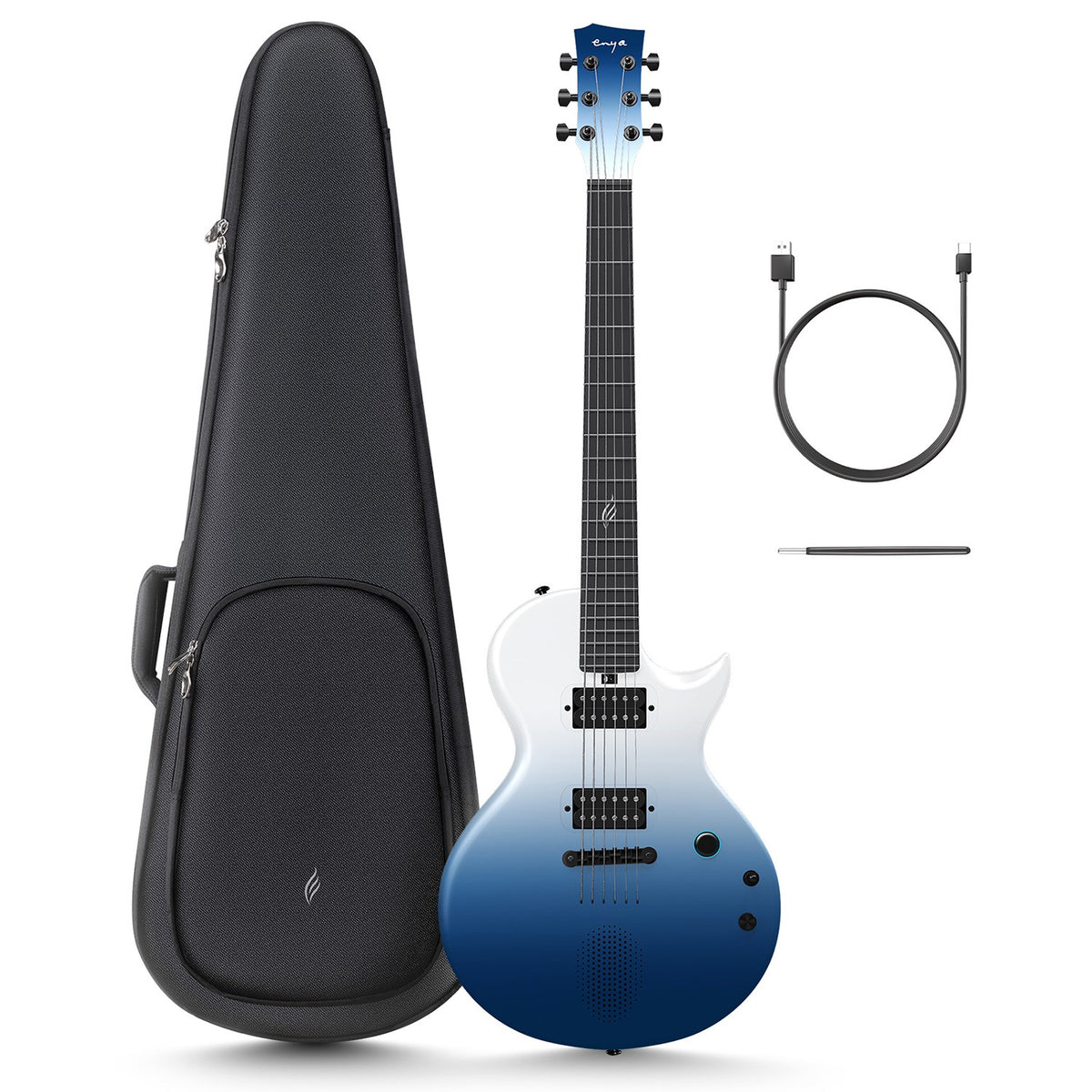 Blue Enya Nova Go Sonic electric guitar with a single-cut style body, alongside a black guitar gig bag, a USB cable, and a truss rod wrench.