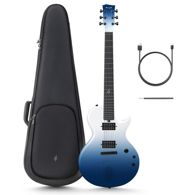 Blue Enya Nova Go Sonic electric guitar with a single-cut style body, alongside a black guitar gig bag, a USB cable, and a truss rod wrench.