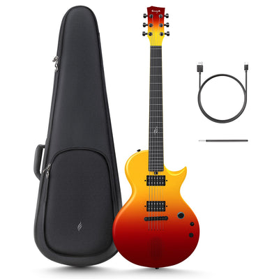 Red Enya Nova Go Sonic electric guitar with a single-cut style body, alongside a black guitar gig bag, a USB cable, and a truss rod wrench.