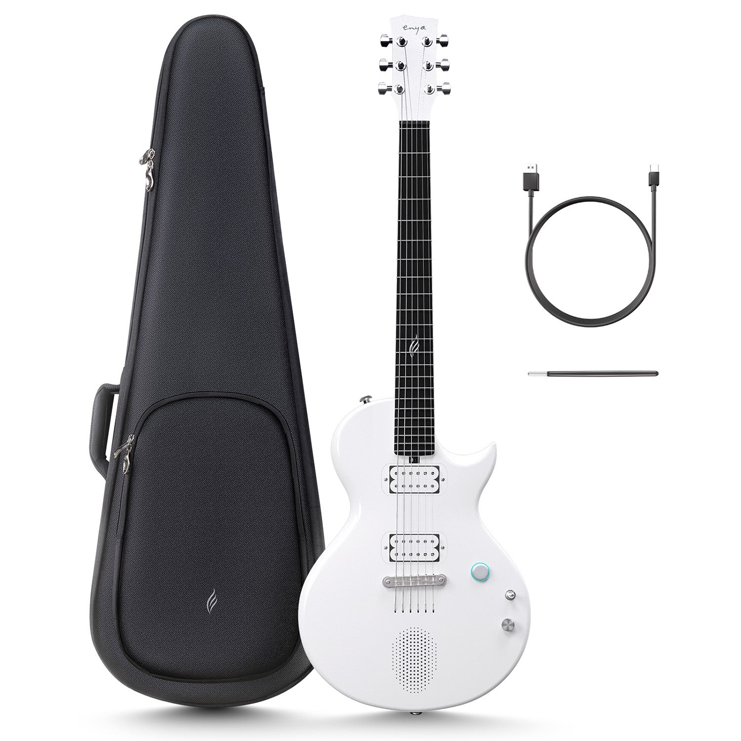 White Enya Nova Go Sonic electric guitar with a single-cut style body, alongside a black guitar gig bag, a USB cable, and a truss rod wrench.