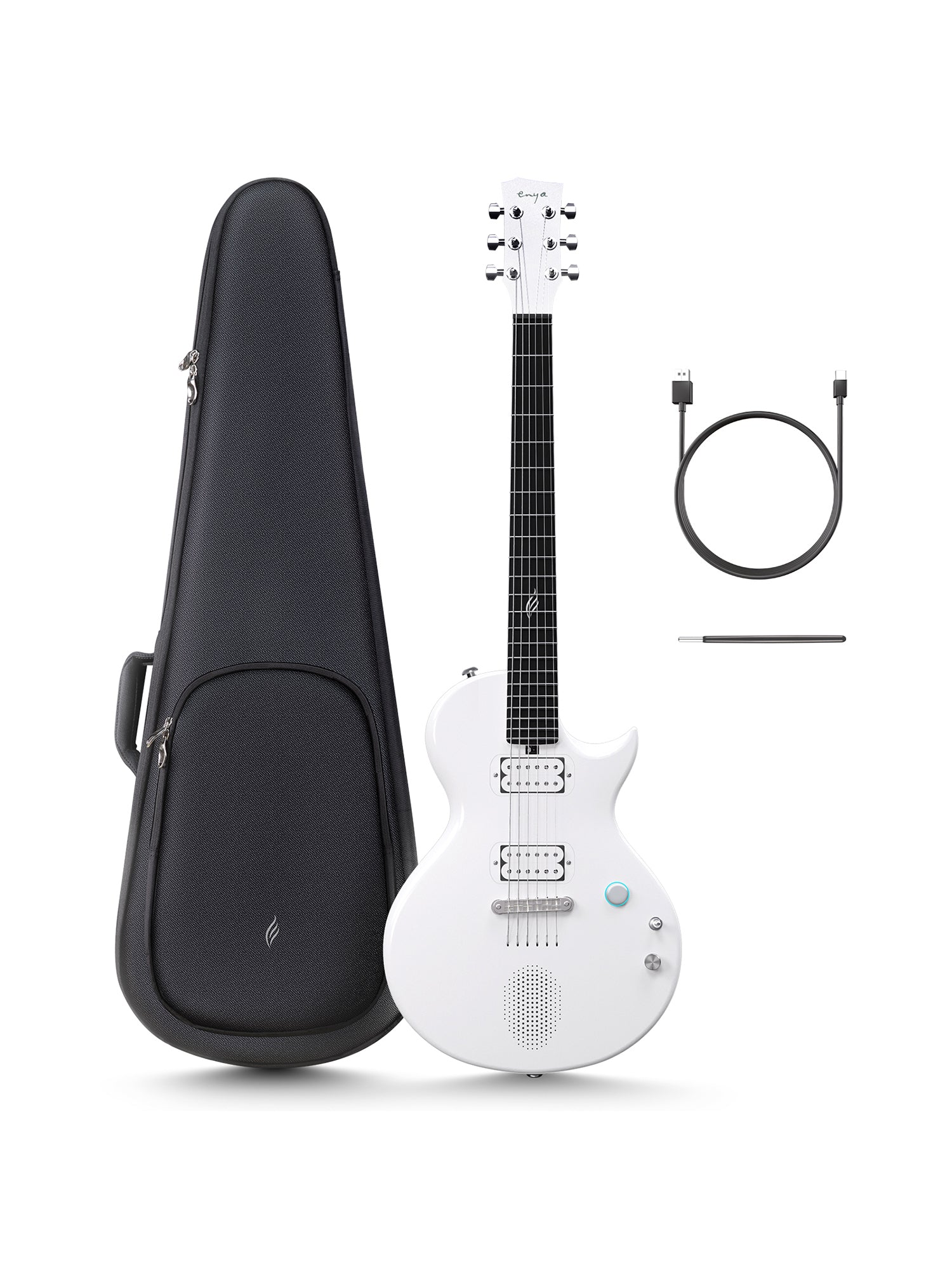 A white LP-like single-cut electric guitar with onboard speaker and a good quality black soft gig bag; a USB-C cable.