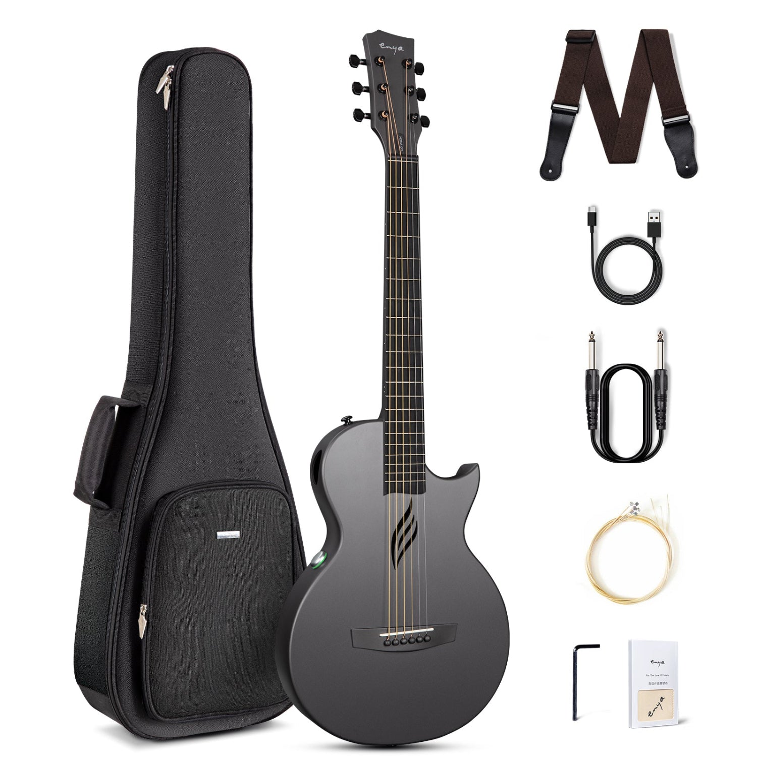 A carbon fiber travel guitar, Nova Go SP1, in black color, displayed alongside its accessories which include a gig bag, strap, cable, and user manual.