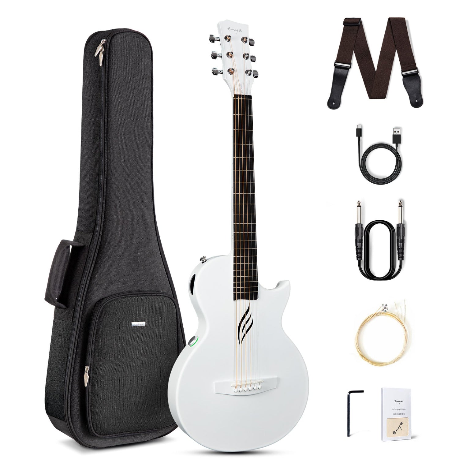 A carbon fiber travel guitar, Nova Go SP1, in white color, displayed alongside its accessories which include a gig bag, strap, cable, and user manual.