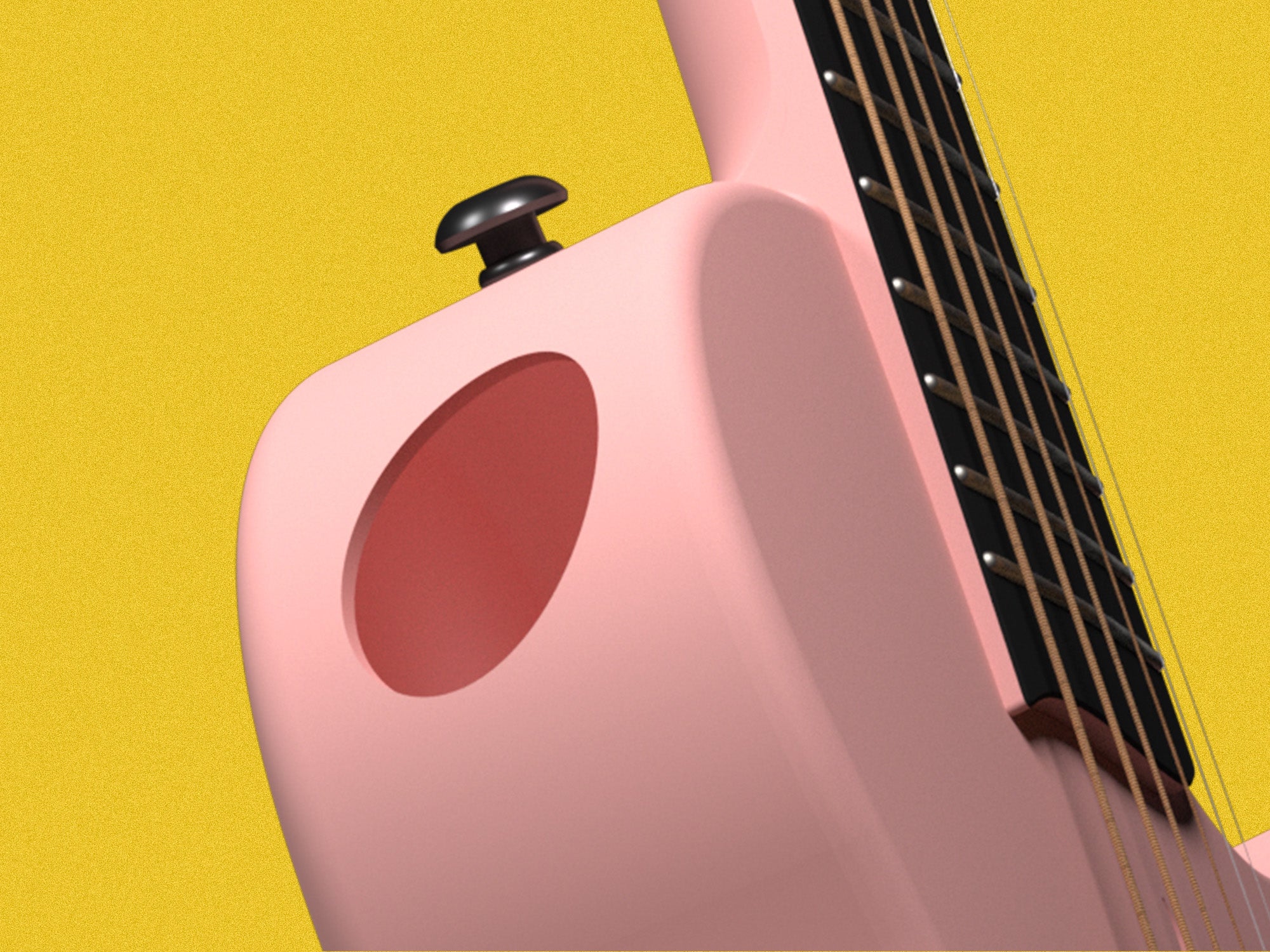 A pink Nova Go. This picture shows the unique soundhole design of Nova Go. The soundhole is on the upper left side of this guitar.