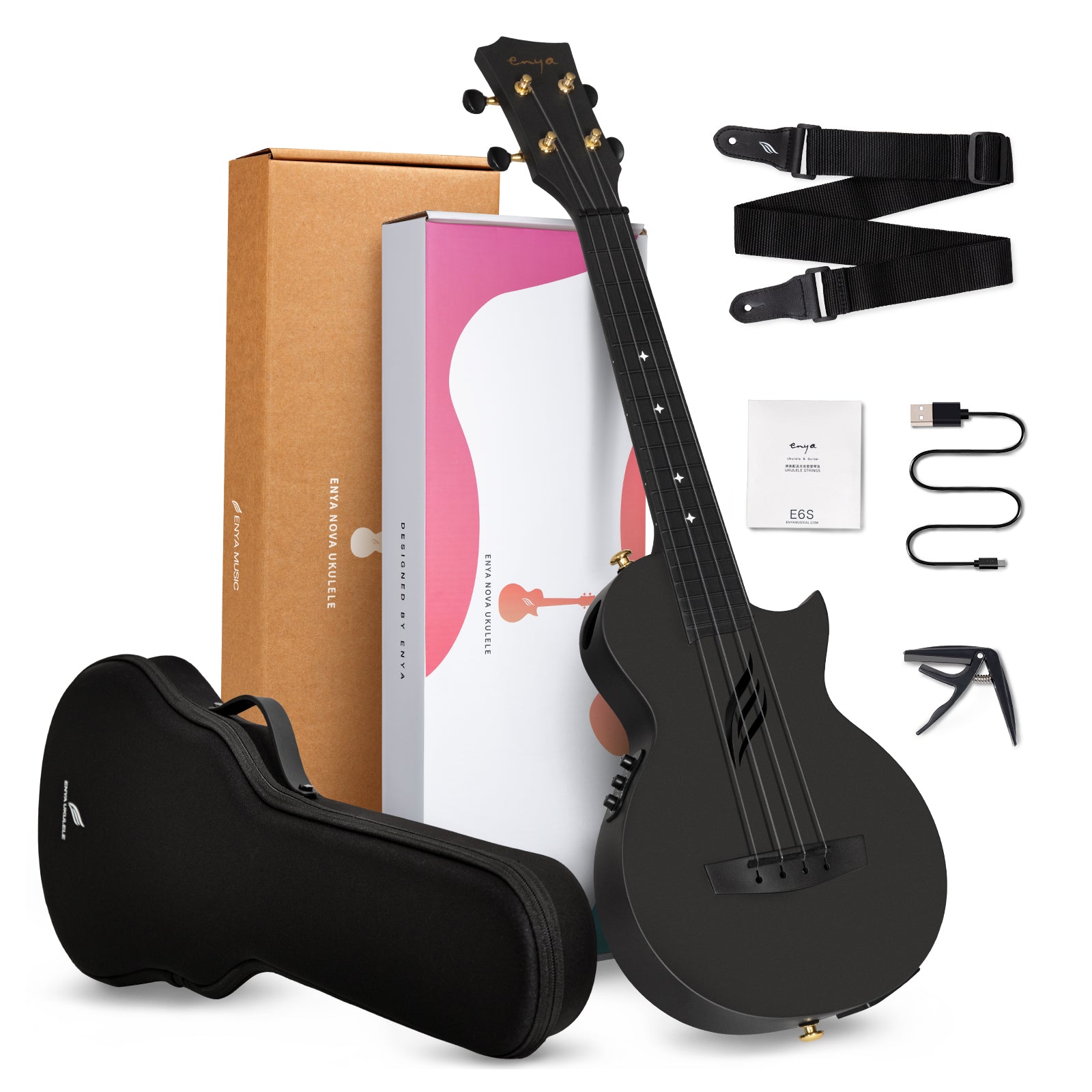 Black electric ukulele with accessories including a case, strap, and instructional book on a white background.