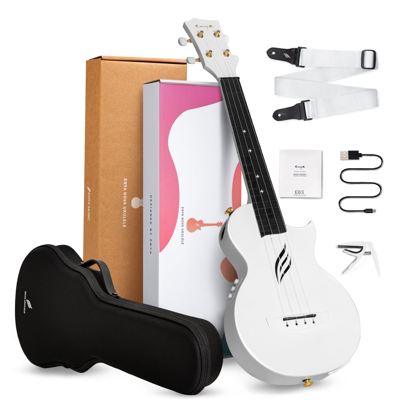 White electric ukulele with accessories including a case, strap, and cables on a white background.
