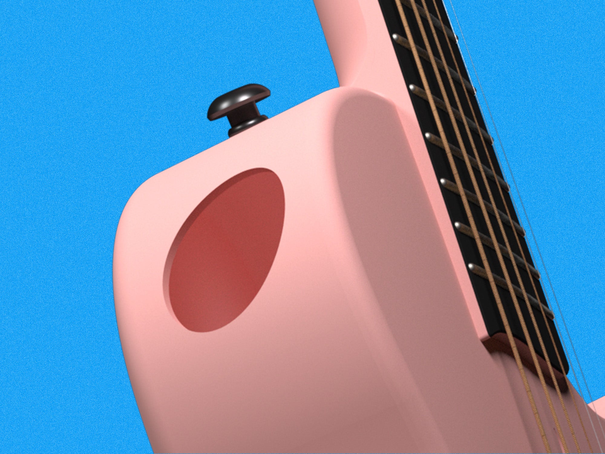 A pink Nova Go Sp1. This picture shows the unique soundhole design of Nova Go. The soundhole is on the upper left side of this guitar.