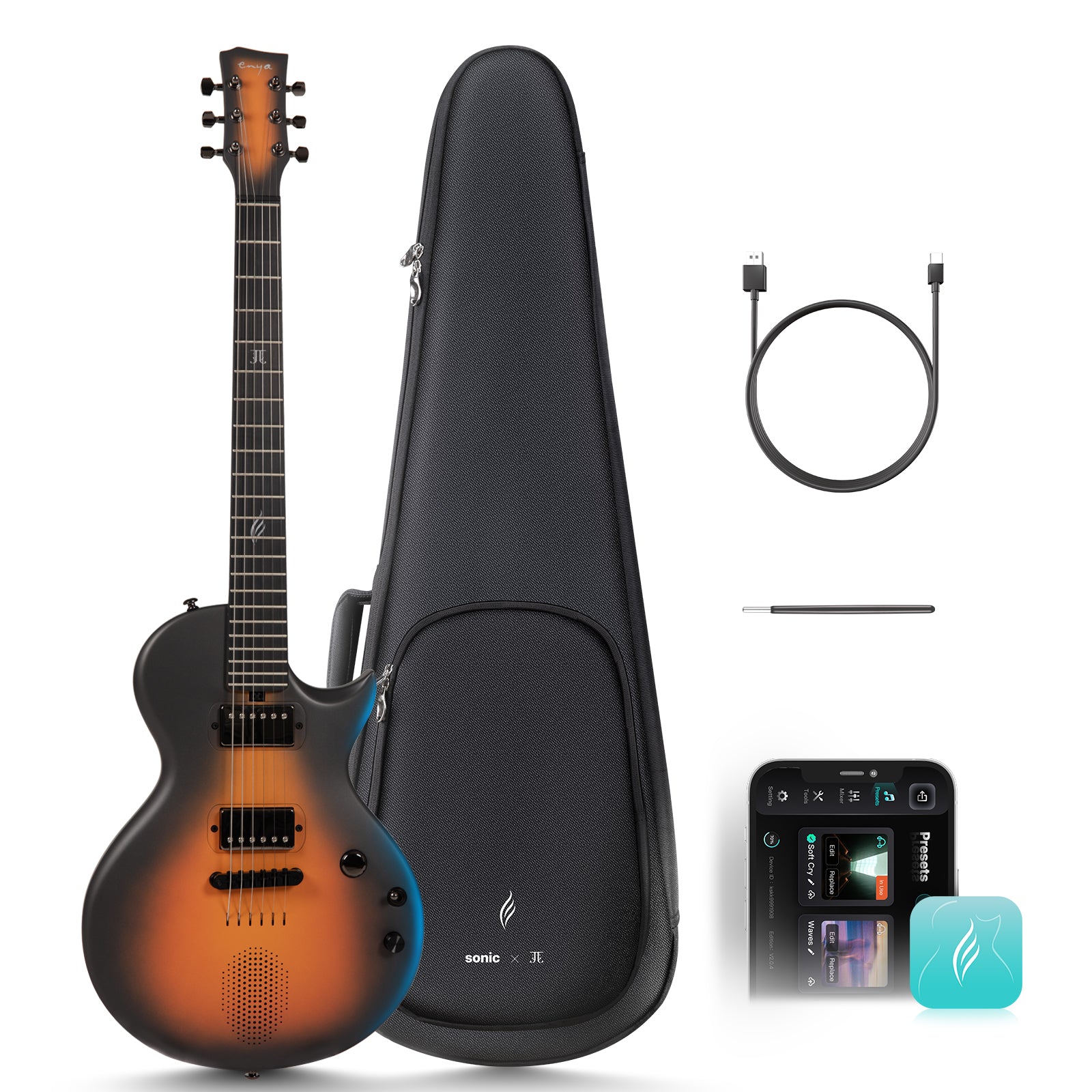 Electric guitar with gig bag, cable, and digital tuner on a white background
