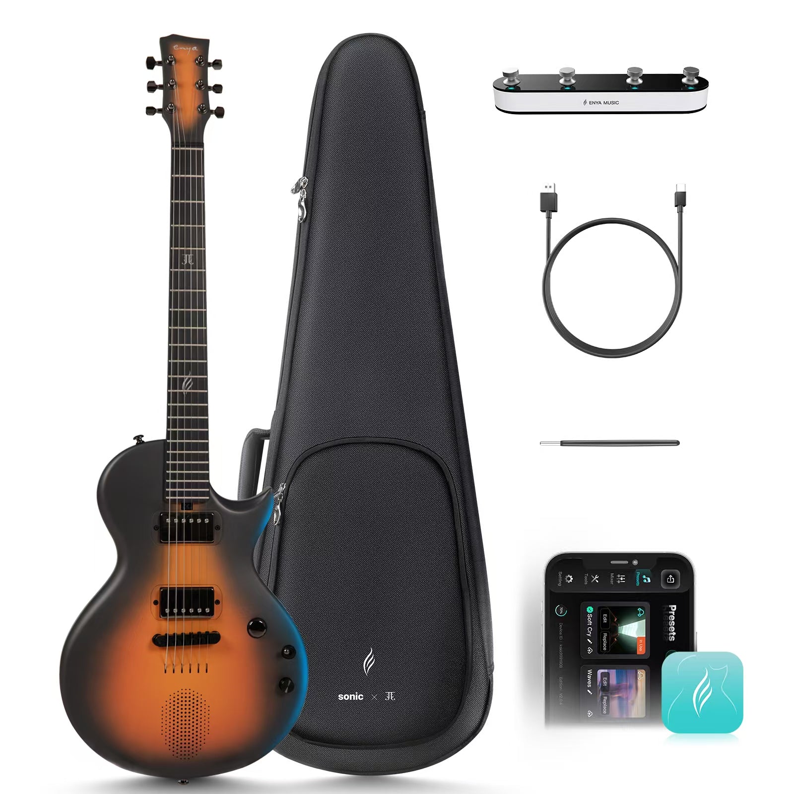 Electric guitar with gig bag, pedal, cable, and smartphone app on a white background