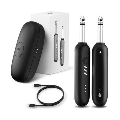 A wireless guitar system including a transmitter and a receiver, both in black color, with a USB charging cable and packaging box.