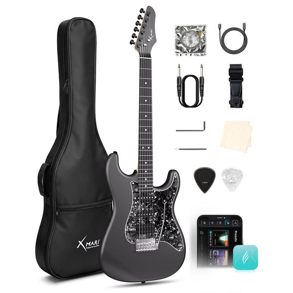 Electric guitar with accessories including a gig bag, strap, cables, and 2 picks on a white background