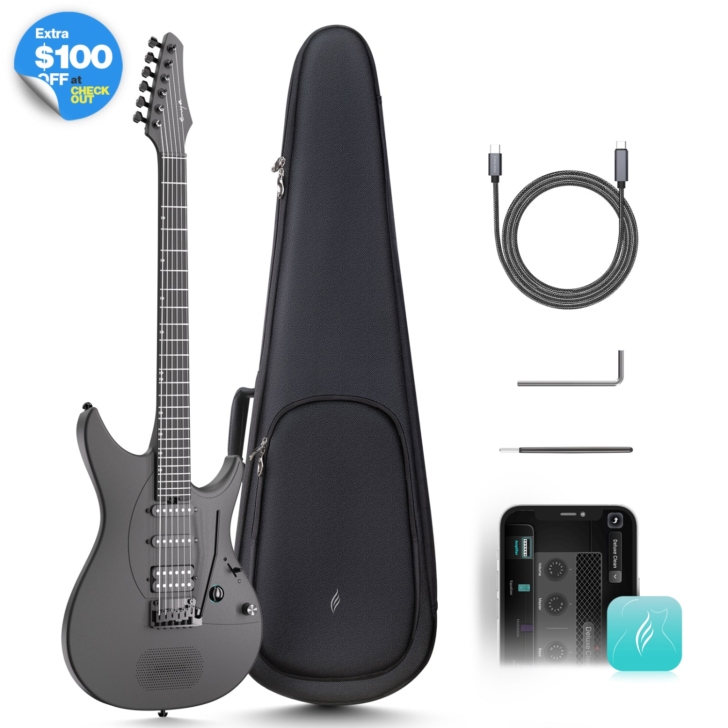 Electric guitar with case, cable, and accessories on a white background