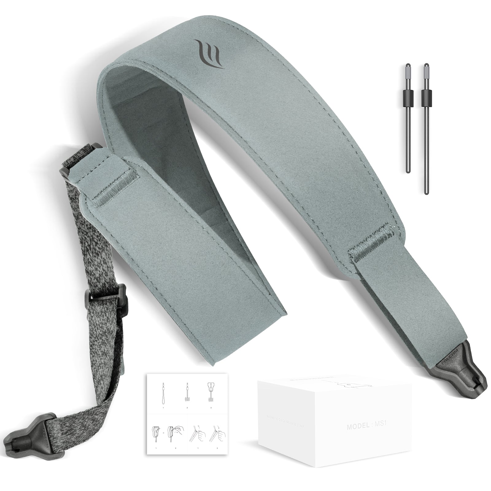 Gray blue guitar strap with accessories on a white background