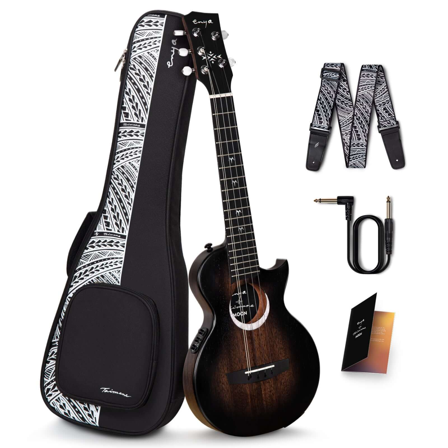 Ukulele with accessories including a case, strap, cable, and pick on a white background