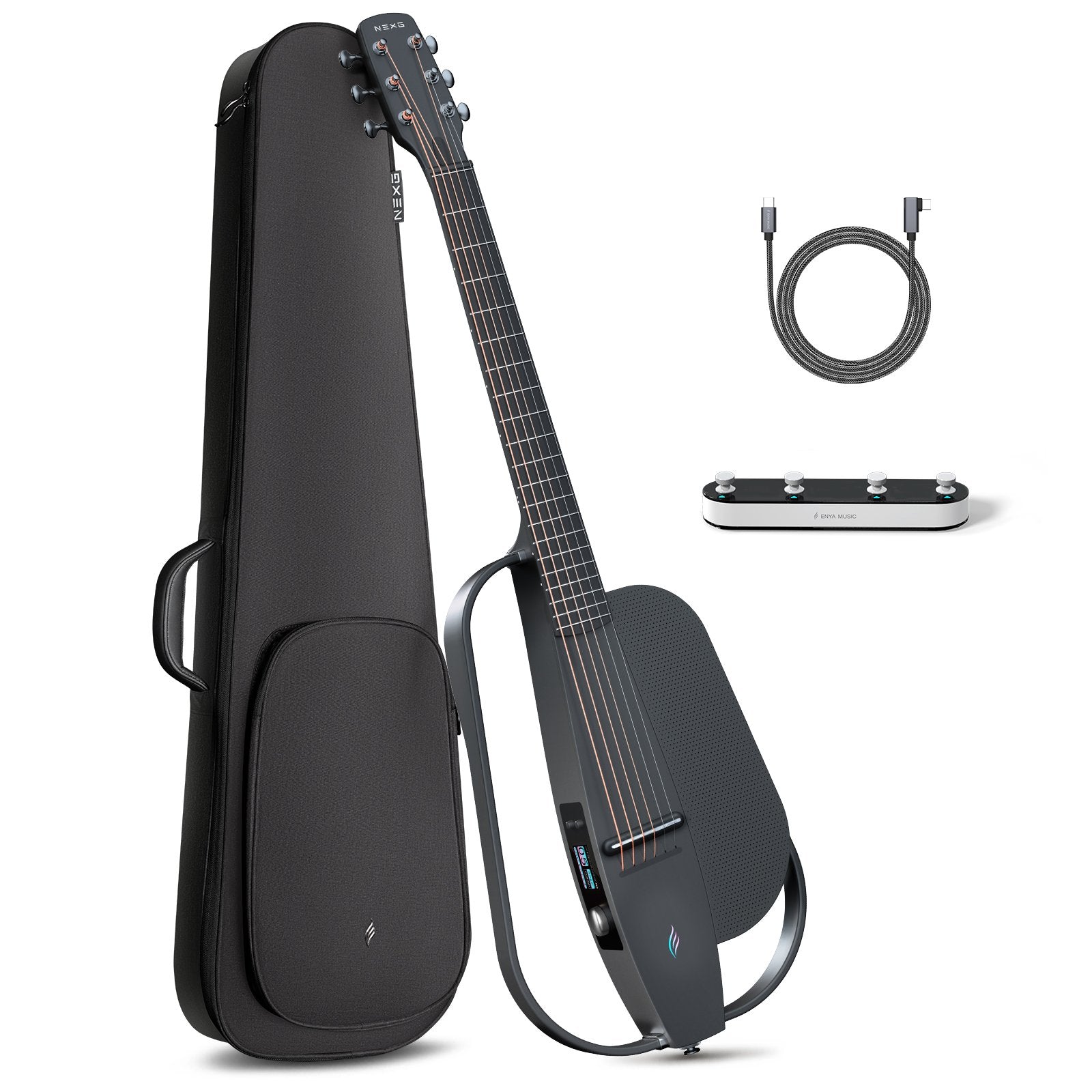 A black carbon fiber guitar with onboard speaker and a good quality black gig bag; charging cord, nice gig bag, loop footswitch.