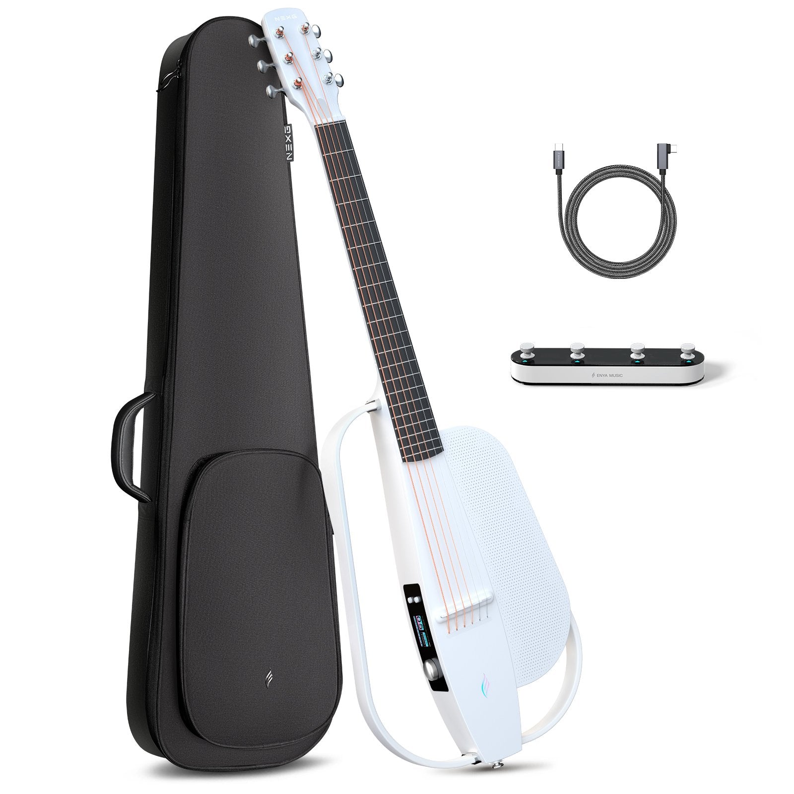 A white carbon fiber guitar with onboard speaker and a good quality black gig bag; charging cord, nice gig bag, loop footswitch.