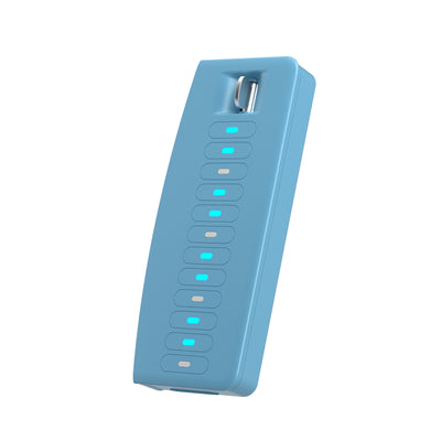 A blue MIDI controller with blue light indicators.